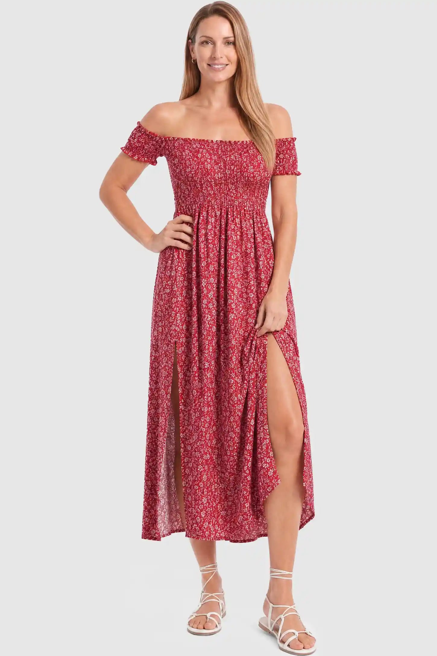 Floral Off-Shoulder Smocked Bodice Maxi Maternity Dress Floral off-shoulder smocked bodice maxi maternity dress in red featuring smocked neckline in front view on a postpartum model