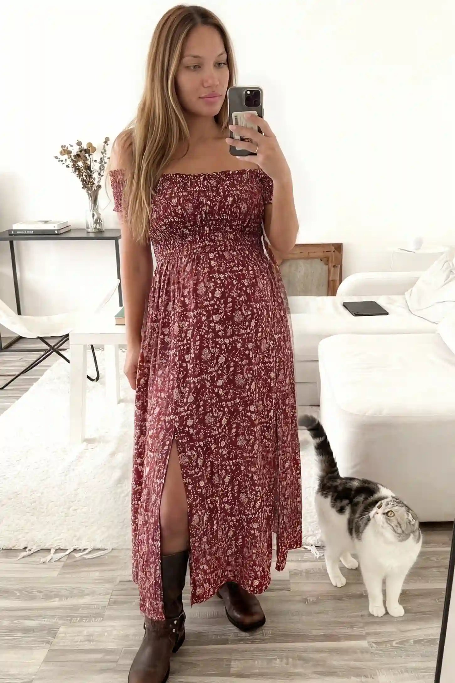 Floral Off-Shoulder Smocked Bodice Maxi Maternity Dress Floral off-shoulder smocked bodice maxi maternity dress in red featuring smocked neckline in front view on a UGC model