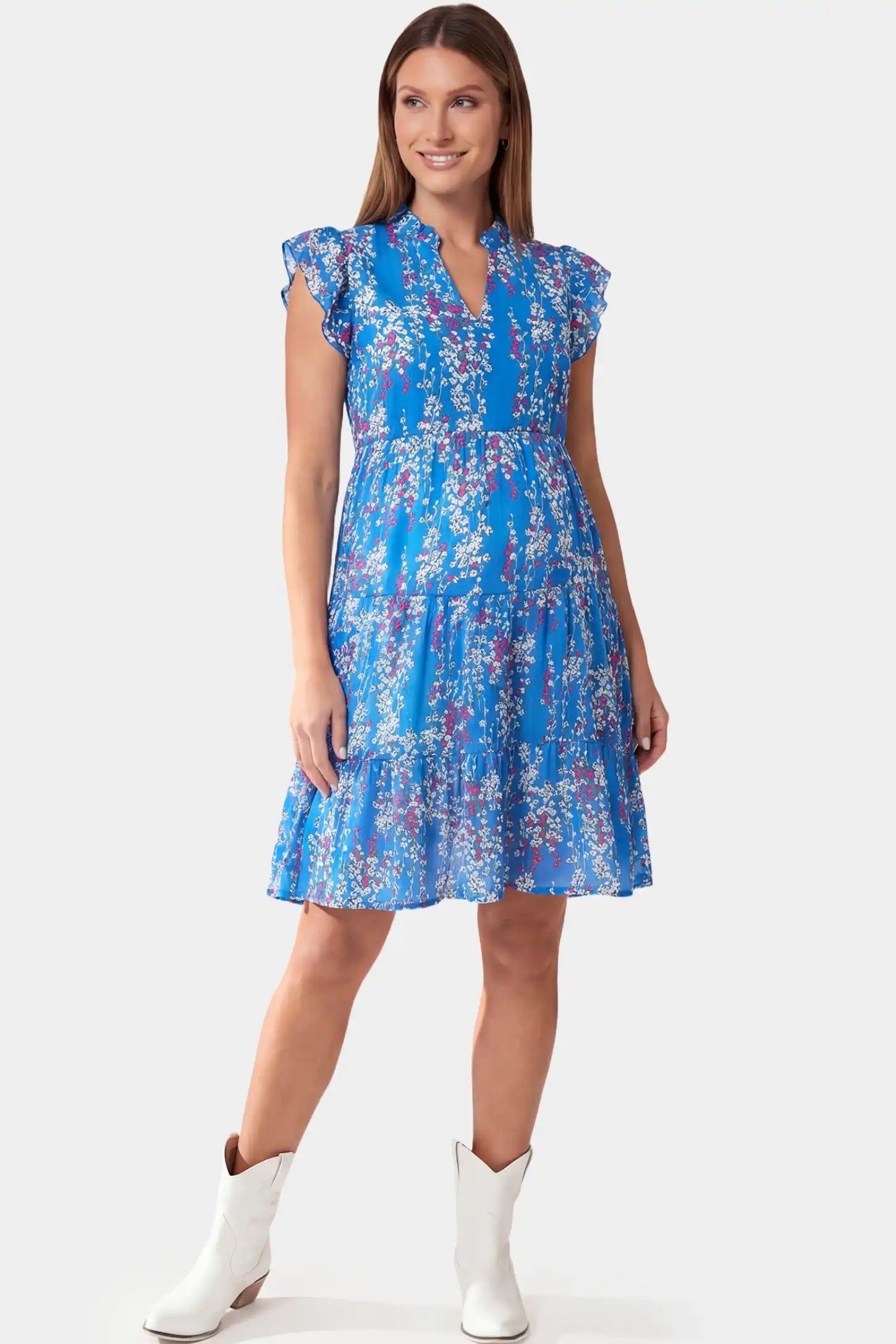 Floral V-Neck A-Line Short Maternity Dress Floral V-Neck A-Line Short Maternity Dress in blue featuring chiffon fabric in full body front view on a pregnant model