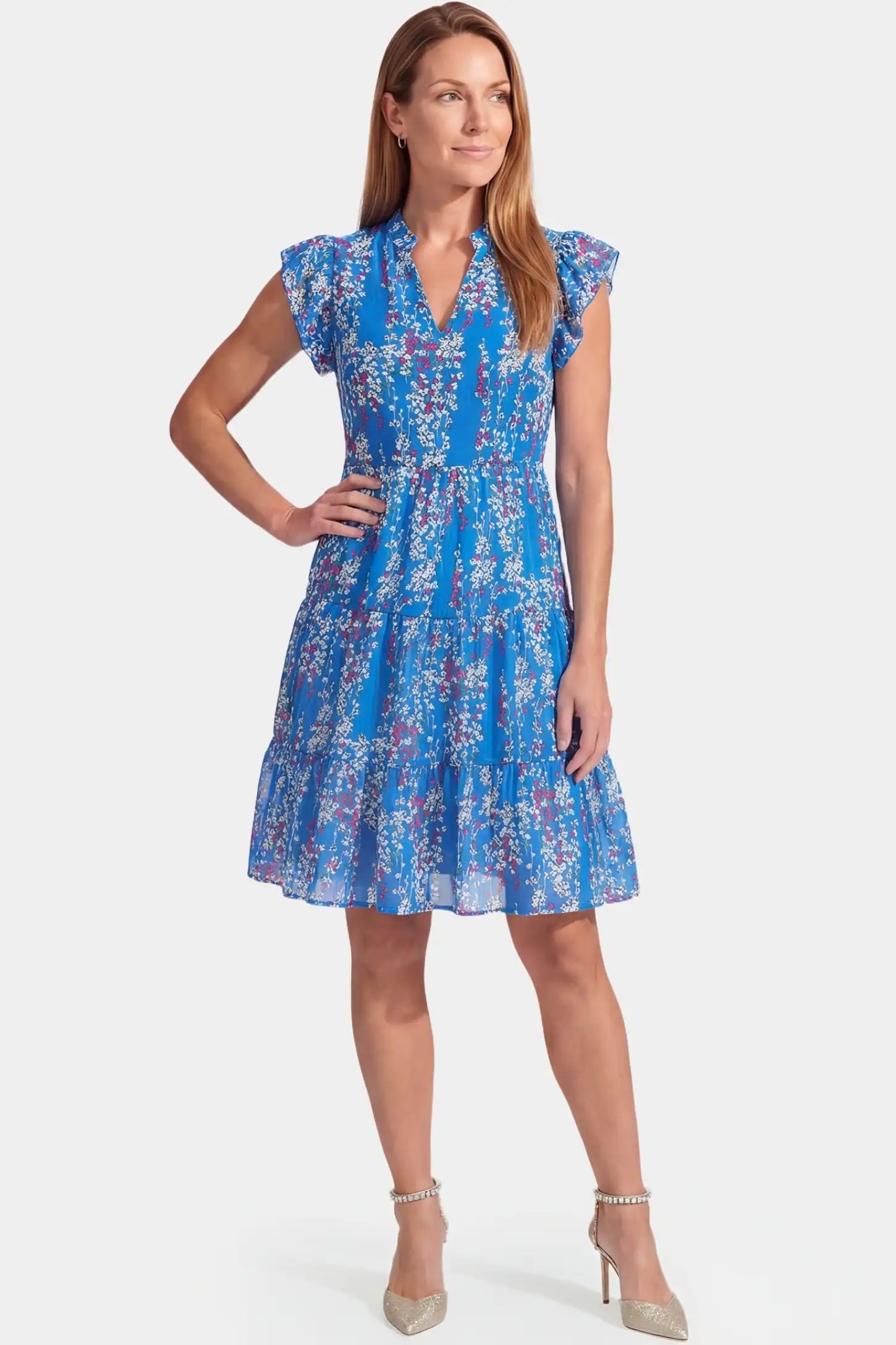 Floral V-Neck A-Line Short Maternity Dress Floral V-Neck A-Line Short Maternity Dress in blue featuring chiffon fabric in full body front view on a postpartum model