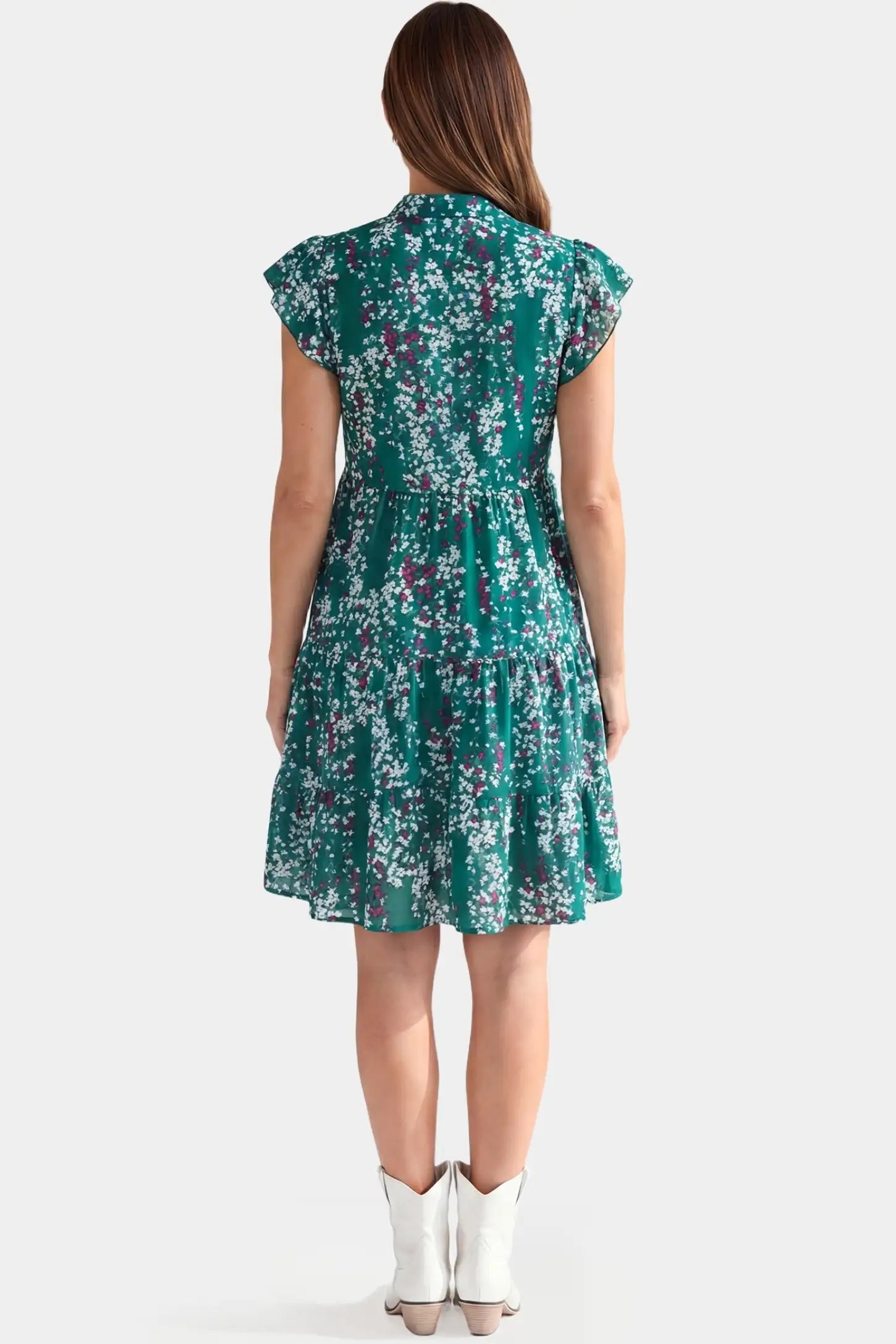 Floral V-Neck A-Line Short Maternity Dress Floral V-Neck A-Line Short Maternity Dress in green featuring an A-line silhouette in full body back view on a pregnant model