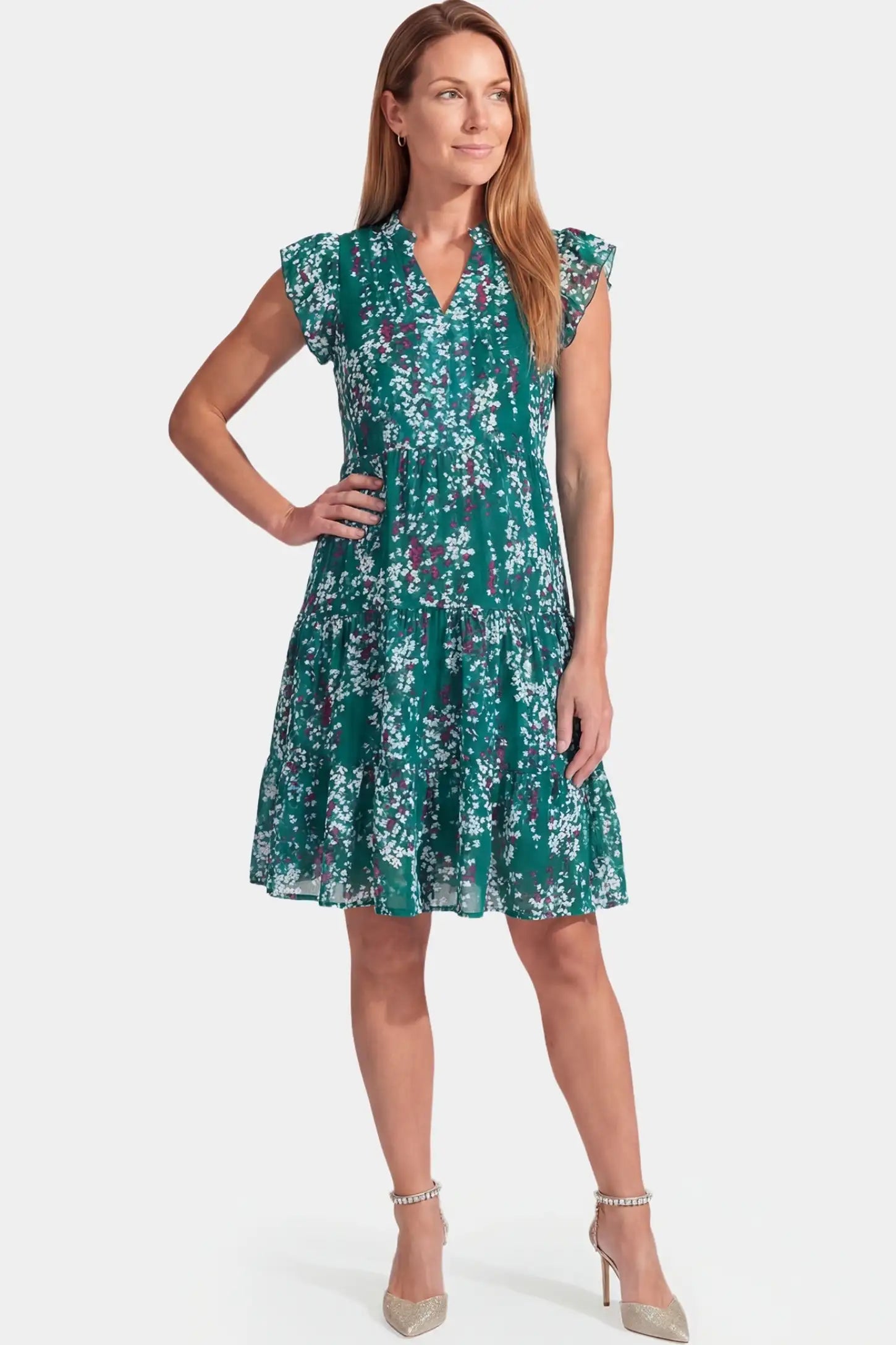 Floral V-Neck A-Line Short Maternity Dress Floral V-Neck A-Line Short Maternity Dress in green featuring chiffon fabric in full body front view on a postpartum model