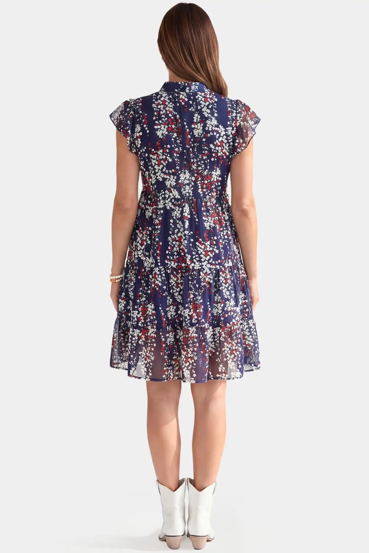Floral V-Neck A-Line Short Maternity Dress Floral V-Neck A-Line Short Maternity Dress in navy featuring an A-line silhouette in full body back view on a pregnant model