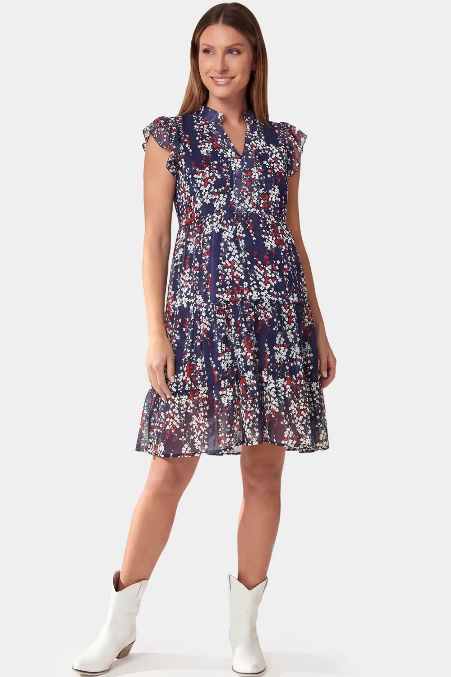 Floral V-Neck A-Line Short Maternity Dress Floral V-Neck A-Line Short Maternity Dress in navy featuring chiffon fabric in full body front view on a pregnant model