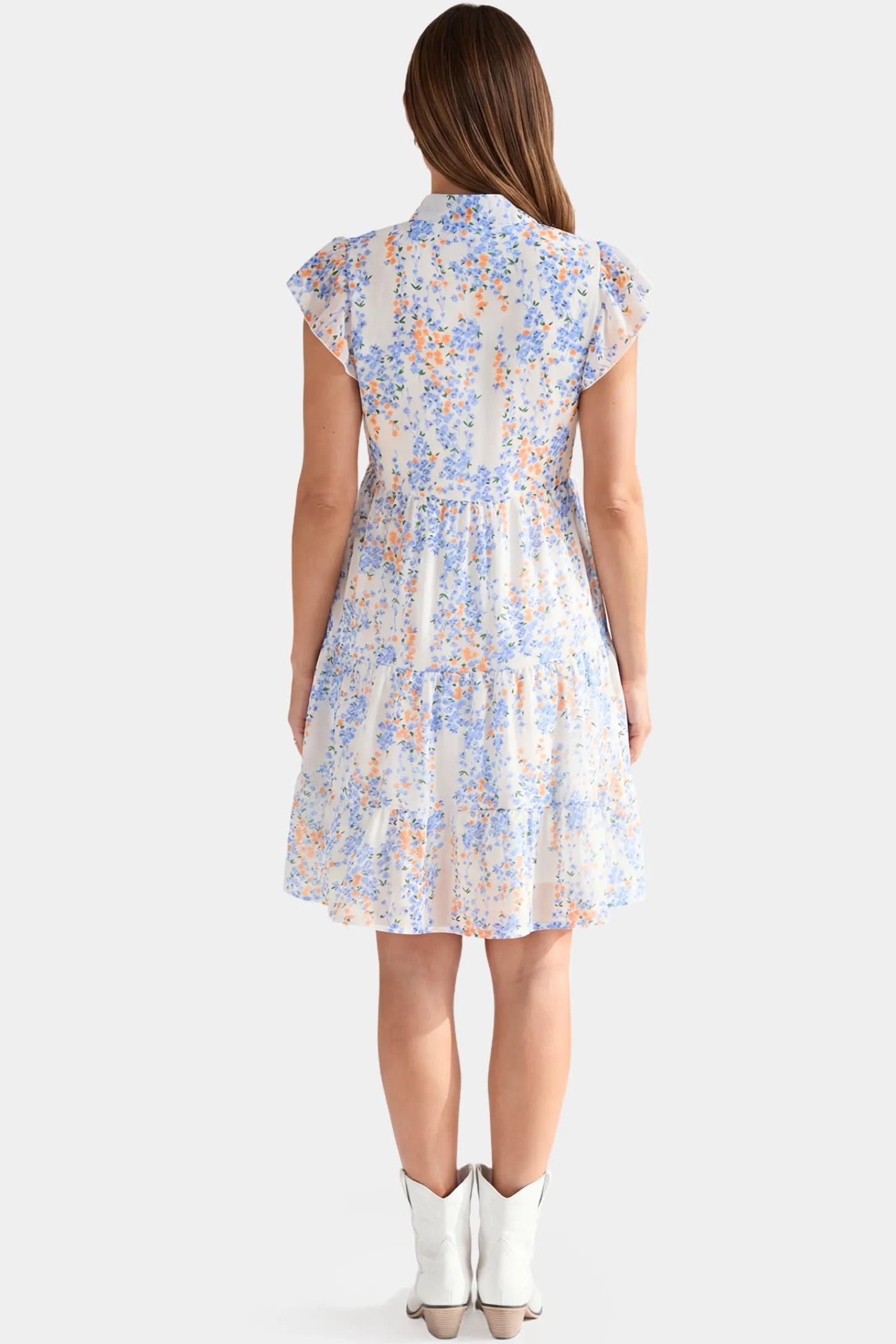 Floral V-Neck A-Line Short Maternity Dress Floral V-Neck A-Line Short Maternity Dress in white featuring an A-line silhouette in full body back view on a pregnant model