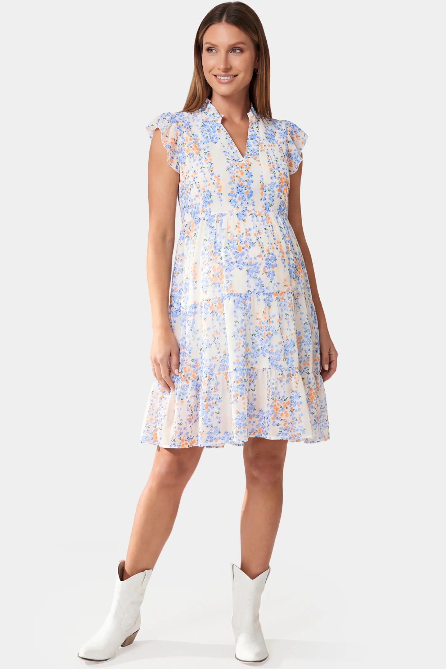 Floral V-Neck A-Line Short Maternity Dress in white featuring chiffon fabric in full body front view on a pregnant model