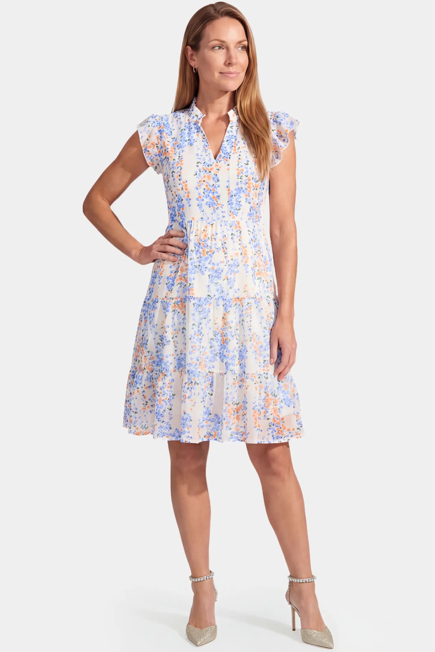 Floral V-Neck A-Line Short Maternity Dress Floral V-Neck A-Line Short Maternity Dress in white featuring chiffon fabric in full body front view on a postpartum model