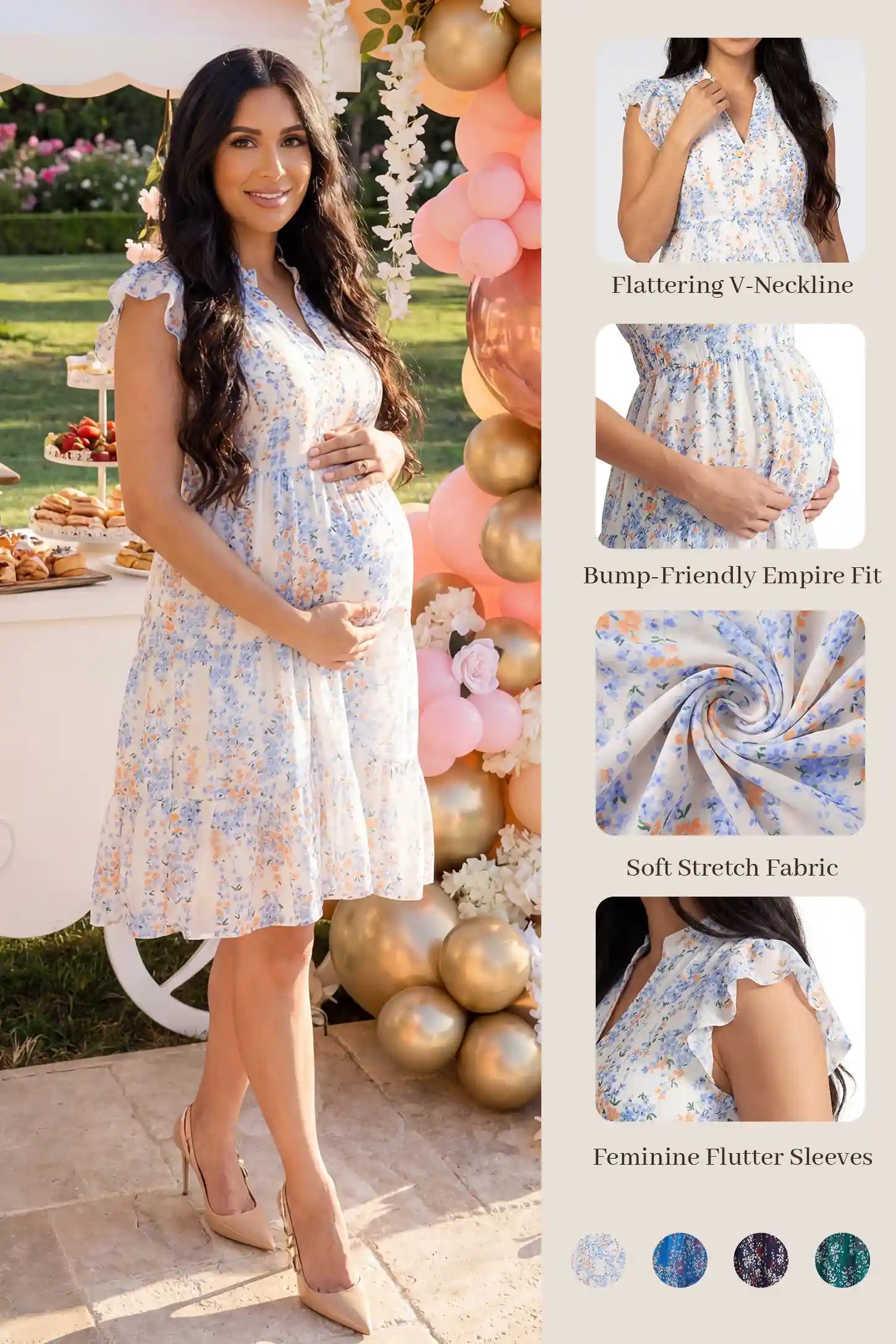 Floral V-Neck A-Line Short Maternity Dress Floral V-neck A-line short maternity dress in white with soft floral print, on UGC model