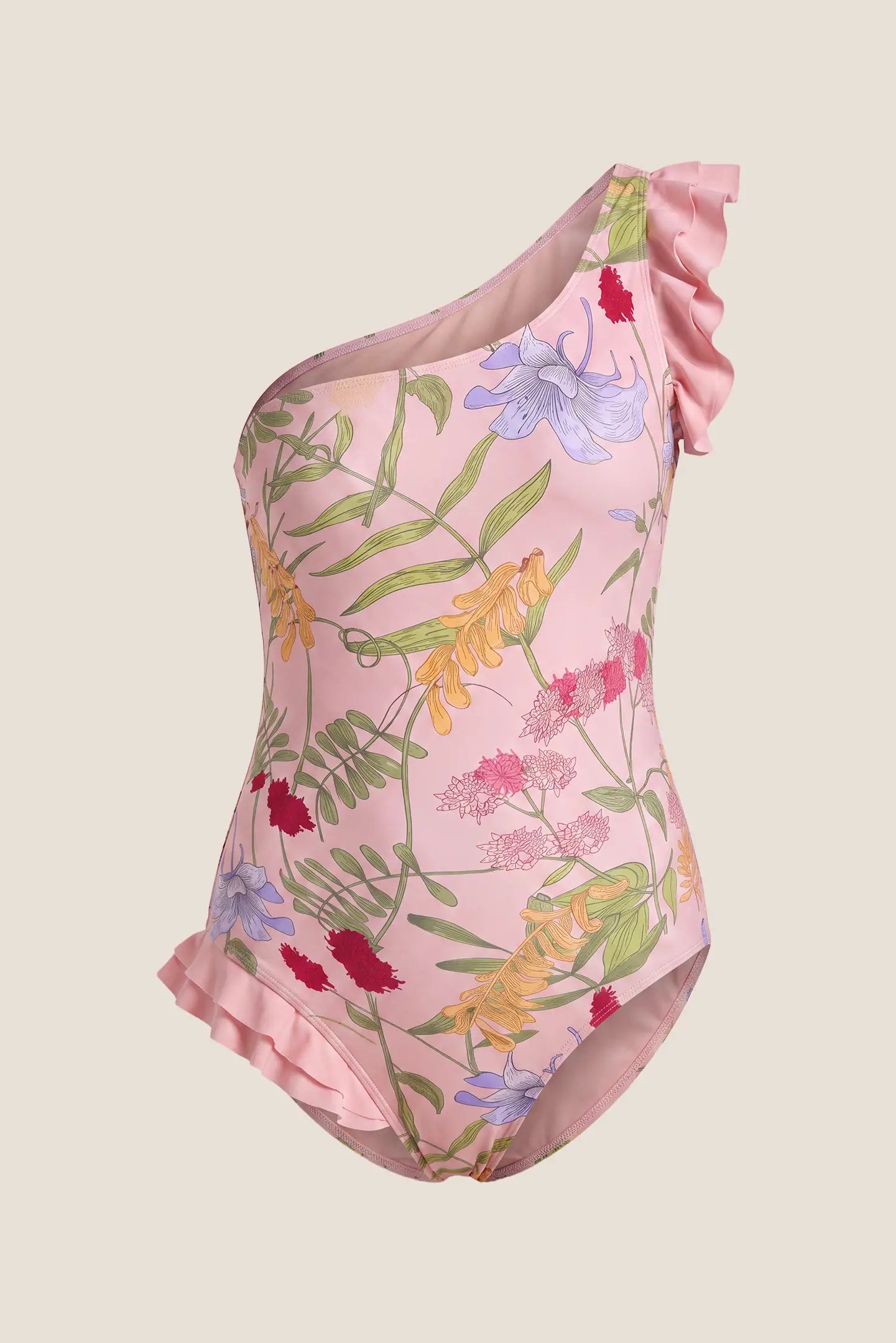 Floral Print Ruffle One-Shoulder Maternity One-Piece Swimsuit & Sarong Set Floral Print Ruffle One-Shoulder Maternity One-Piece Swimsuit in Botanical Floral featuring a one-shoulder neckline, ruffle trim details, soft supportive stretch fabric, and a feminine floral print displayed in a flat lay view.