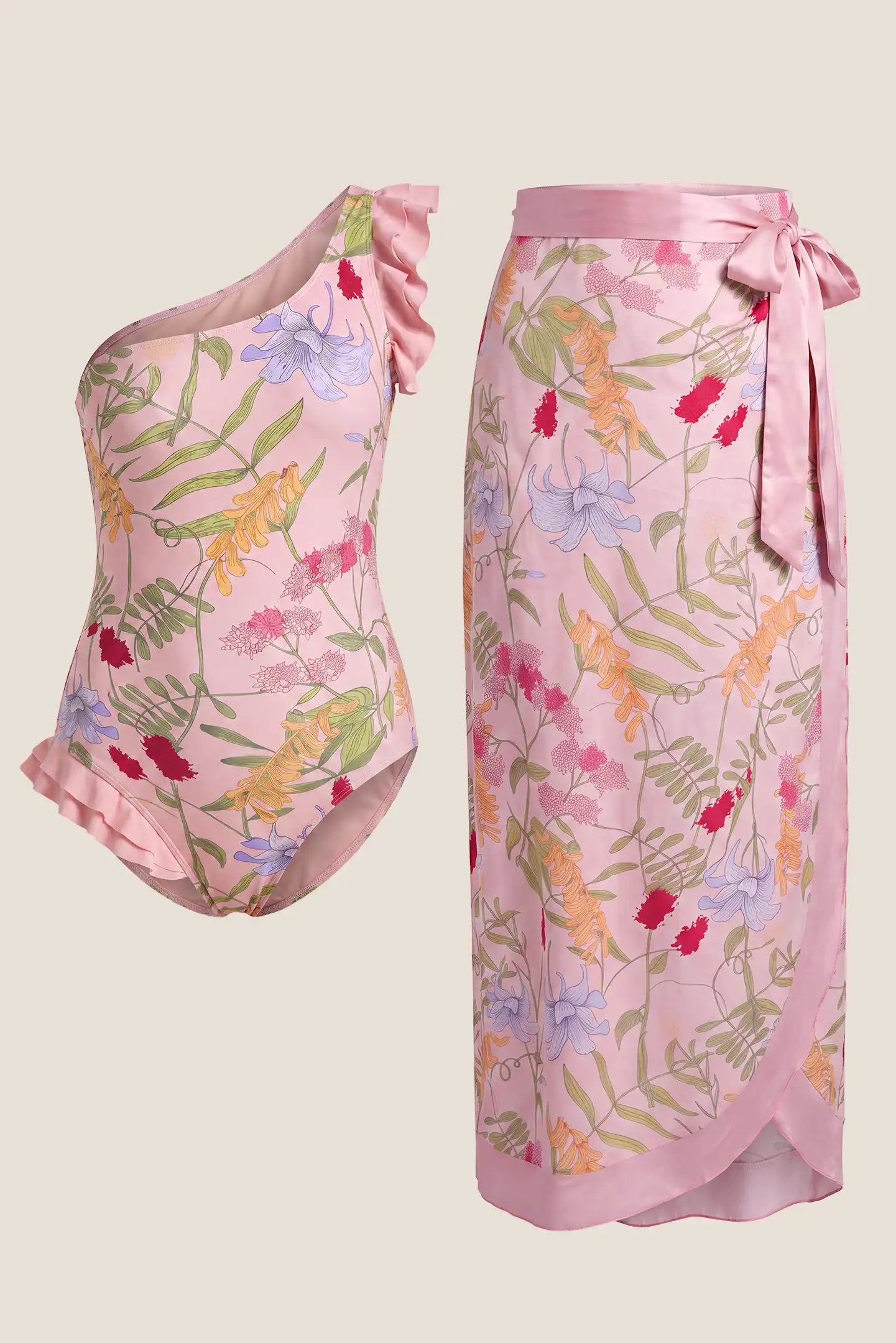 Floral Print Ruffle One-Shoulder Maternity One-Piece Swimsuit & Sarong Set Floral Print Ruffle One-Shoulder Maternity One-Piece Swimsuit & Sarong Set in Botanical Floral featuring a matching one-piece swimsuit and high-waisted tie sarong with ruffle trim details displayed together in a flat lay view.
