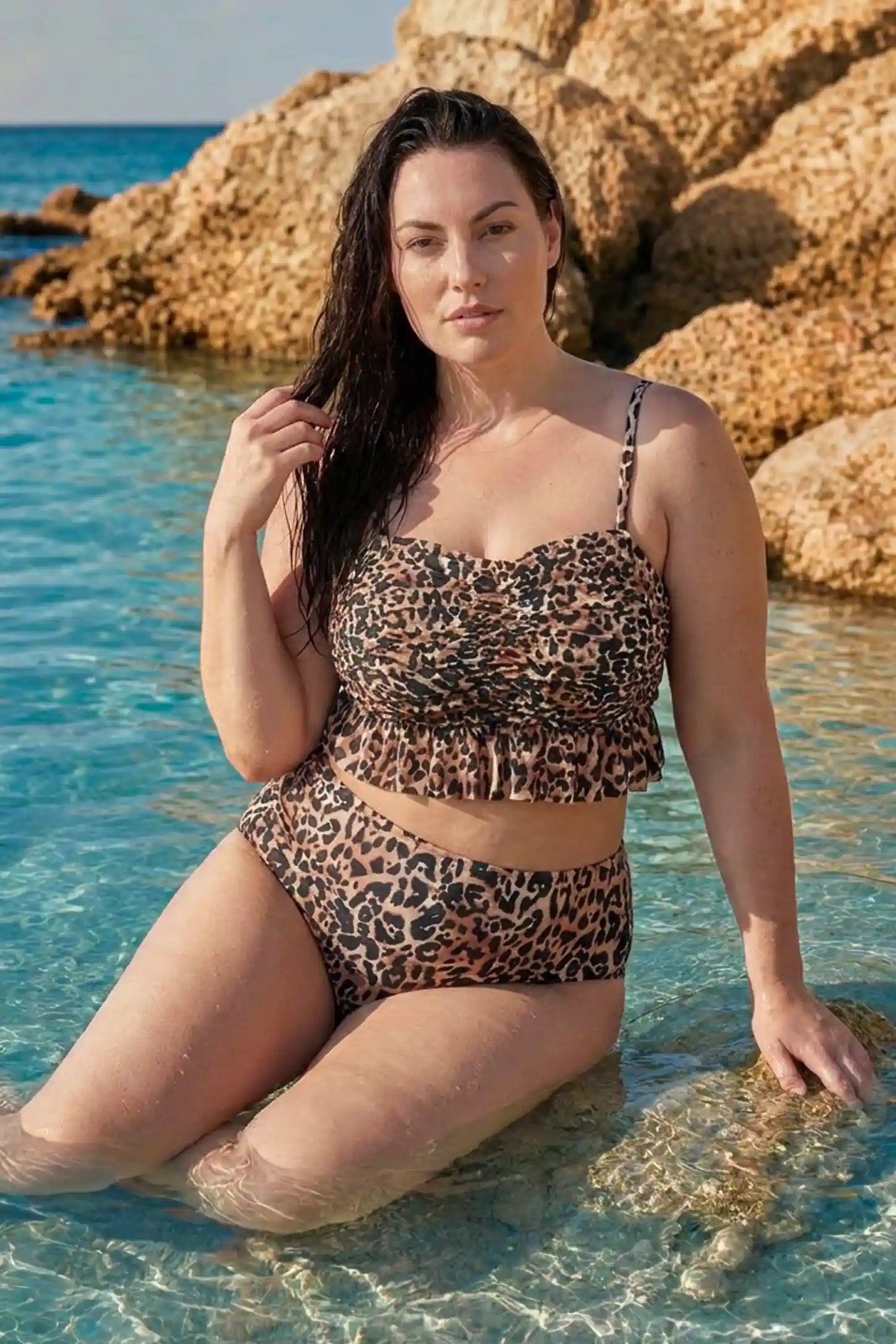 Floral Ruched Ruffle Hem Maternity Bikini Set Floral Ruched Ruffle Hem Maternity Bikini Set in Brown featuring ruched detailing and a floral print on a plus size pregnant model, front view.