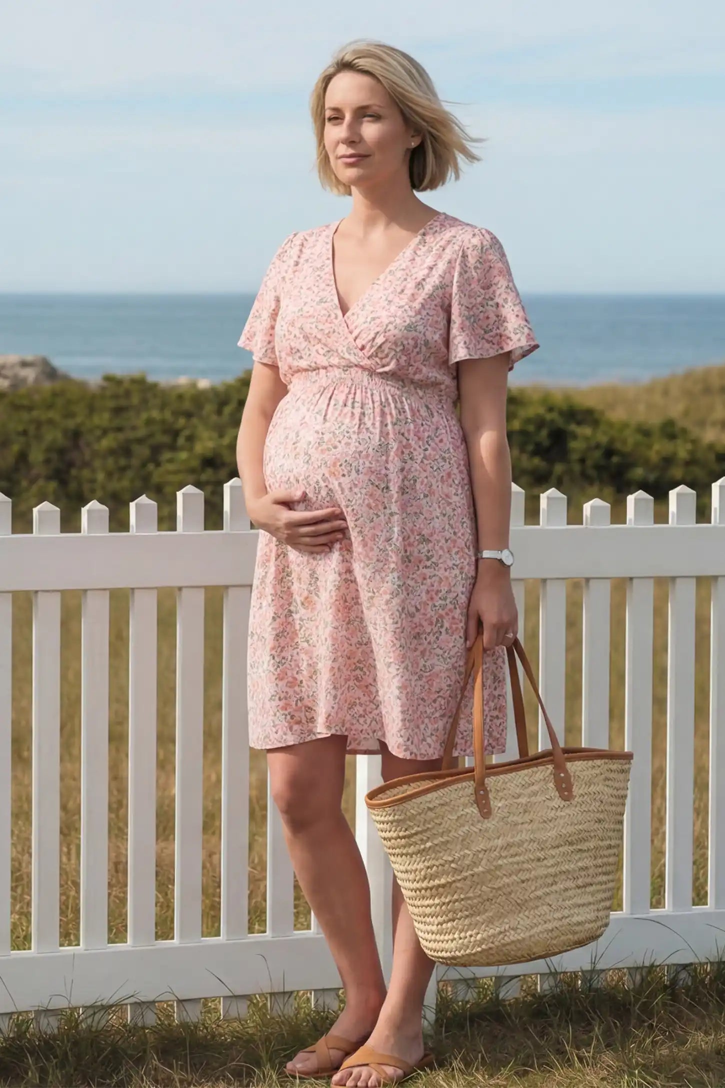 Short Sleeve A-Line Maternity Short Dress Short Sleeve A-Line Maternity Short Dress in pink floral featuring V-neck and empire waist on pregnant model.