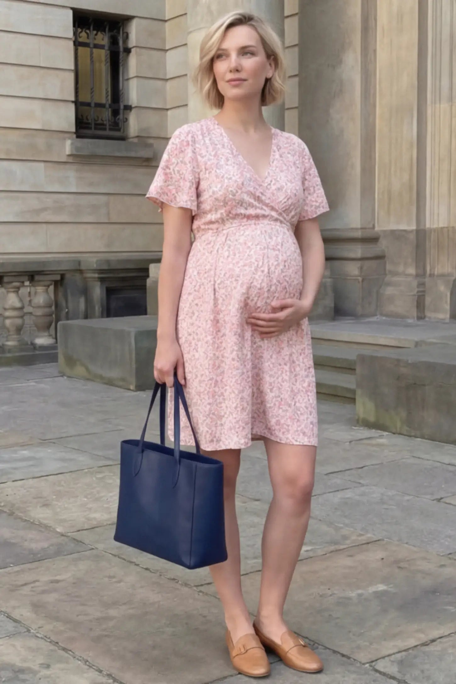Short Sleeve A-Line Maternity Short Dress Short Sleeve A-Line Maternity Short Dress in pink floral featuring V-neck and empire waist on pregnant model.