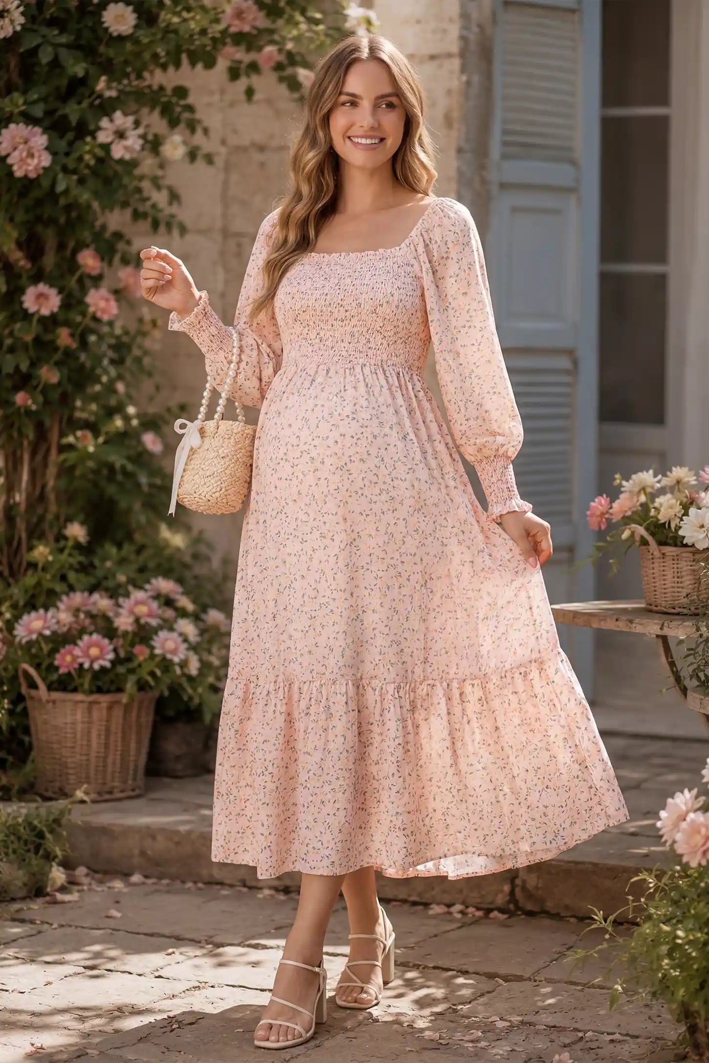 Floral Smocked Tiered Maternity Midi Dress in pink floral print featuring a square neckline, puff sleeves, and a tiered midi skirt on a pregnant woman in an outdoor setting, front view.
