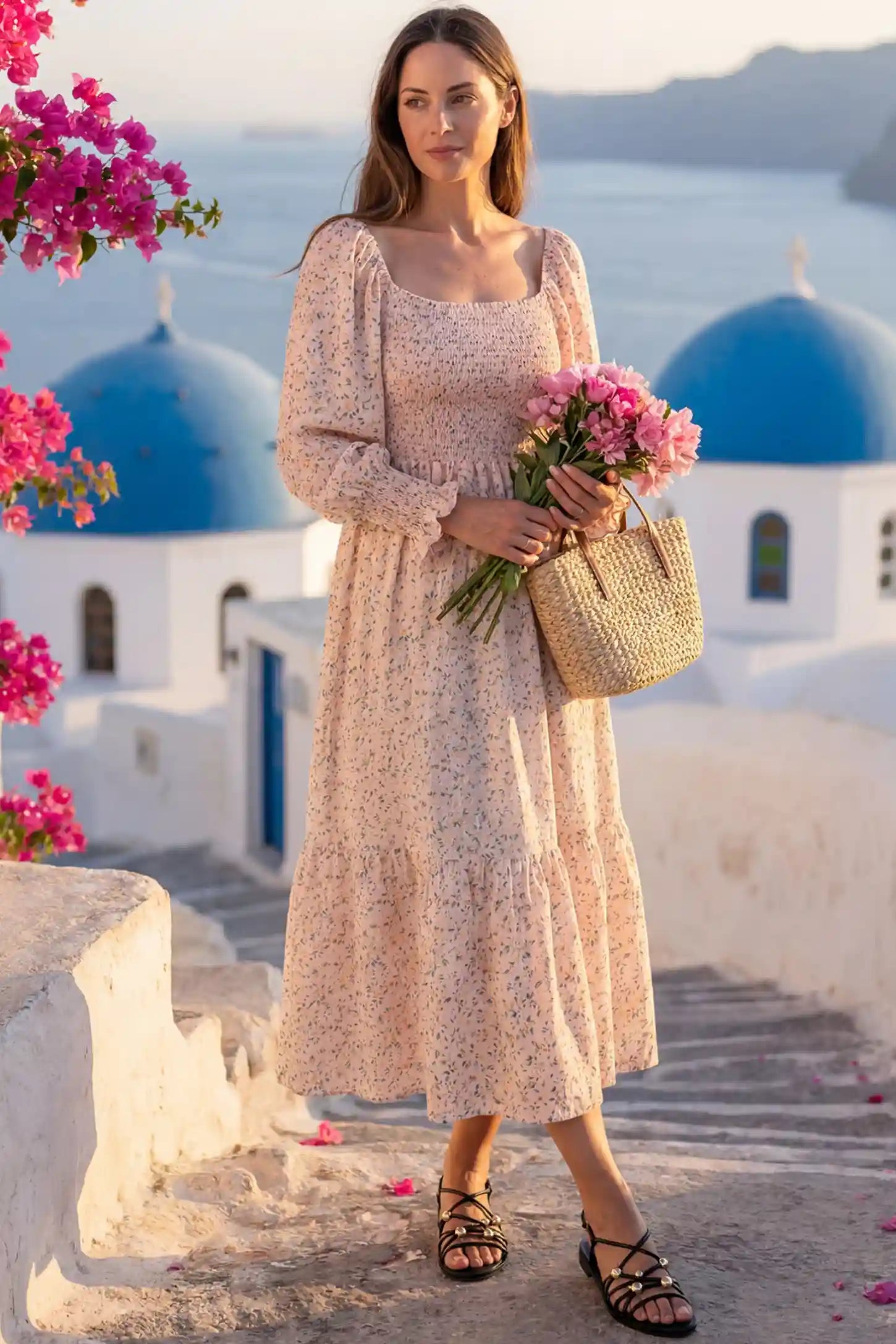 Floral Smocked Tiered Maternity Midi Dress in pink floral print featuring a square neckline, puff sleeves, and a tiered midi skirt on a pregnant woman in an outdoor setting, front view.