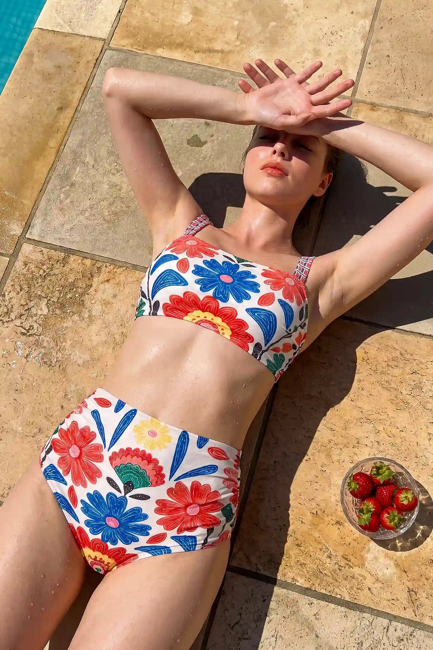 Floral Square Neck Supportive Bikini Set Floral Square Neck Supportive Bikini Set in Floral featuring a supportive square neckline bikini top, matching floral bottoms, and a comfortable two-piece silhouette on a postpartum model, front view.