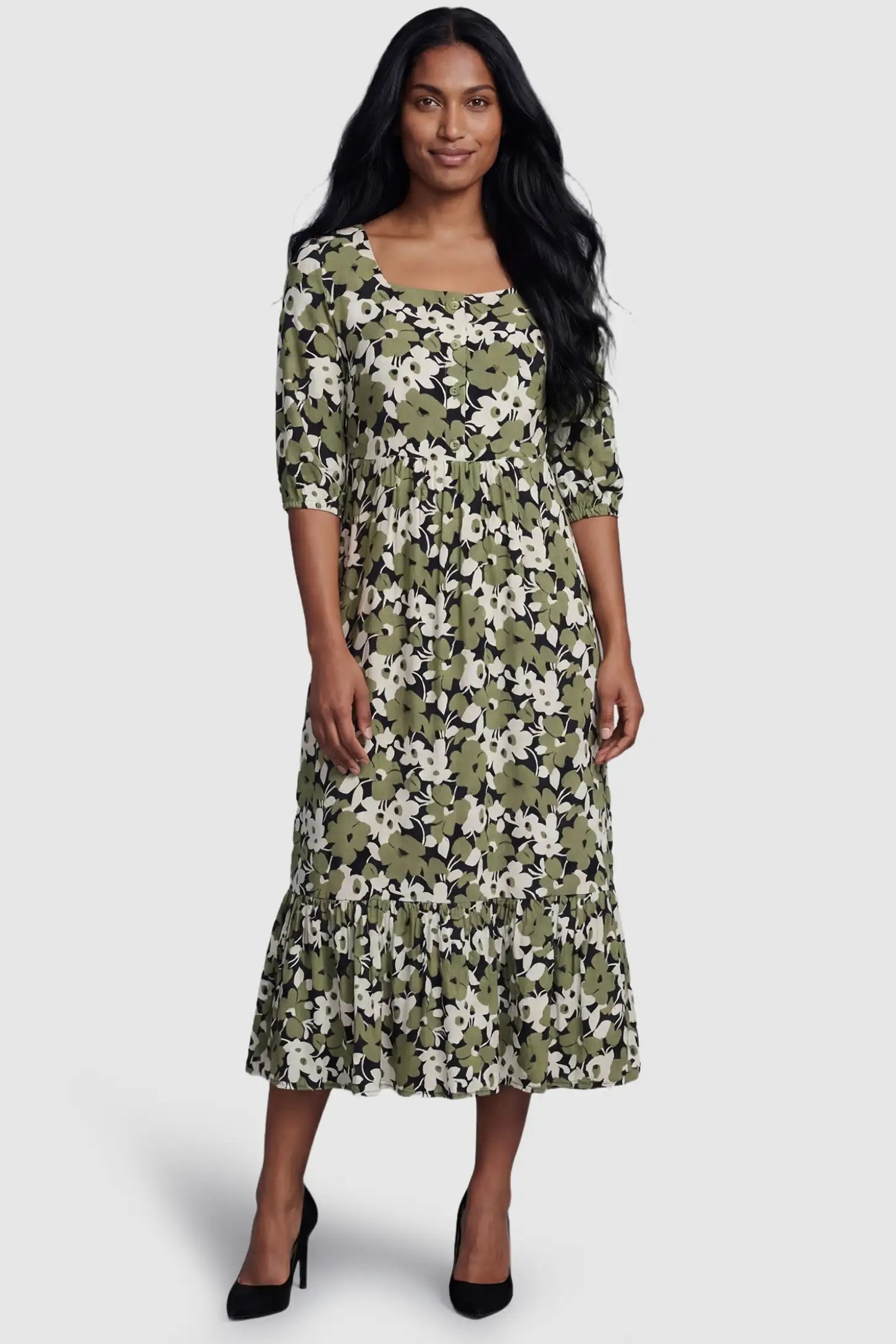 Floral Square Neck Tiered Midi Maternity Dress Floral Square Neck Tiered Midi Maternity Dress in green floral featuring a ruffled tiered hem on a front-facing postpartum model.