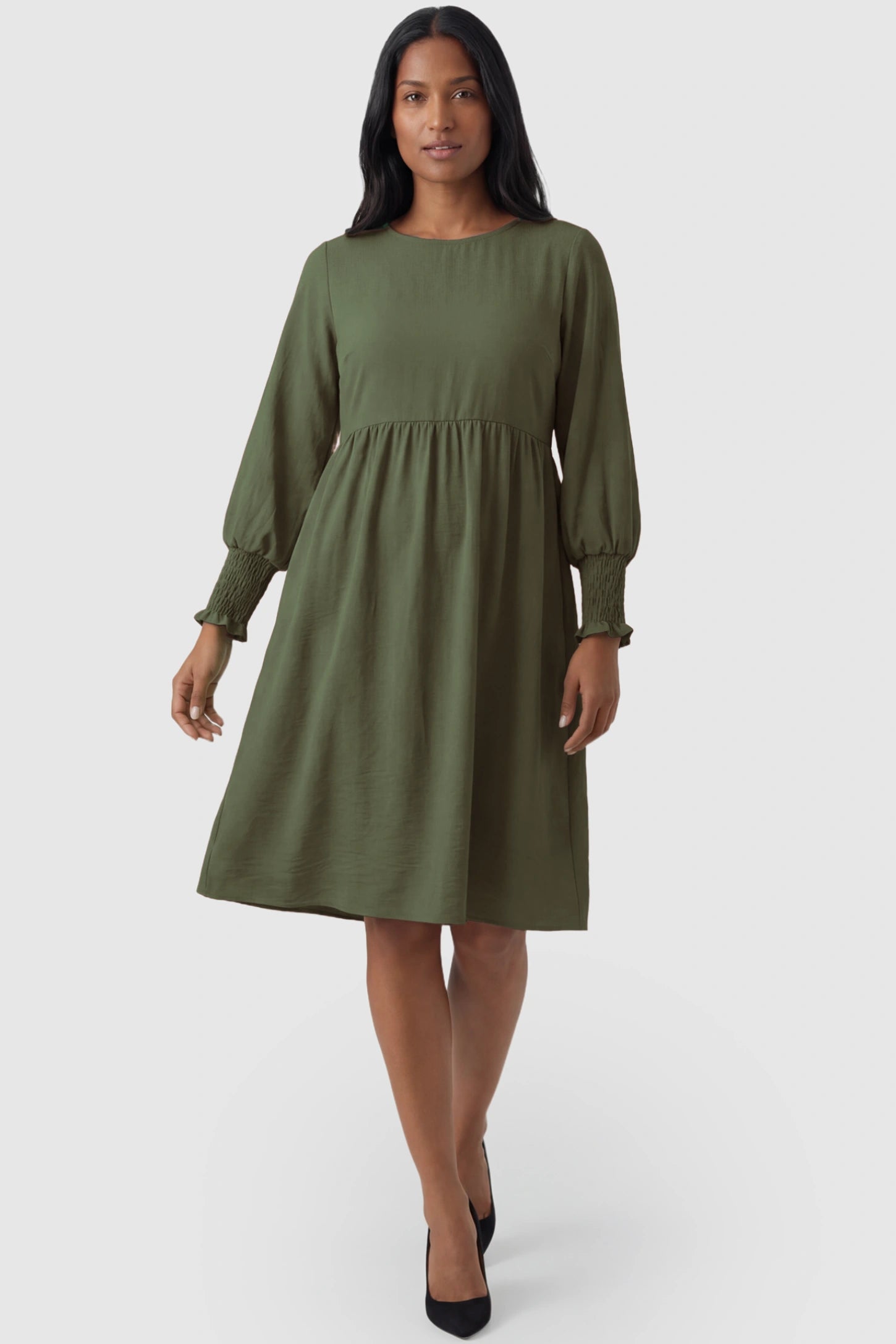 Balloon Sleeve Empire Waist Maternity Midi Dress Balloon Sleeve Empire Waist Maternity Midi Dress in army green featuring smocked elastic cuff sleeves and soft drape on a postpartum model, front view.