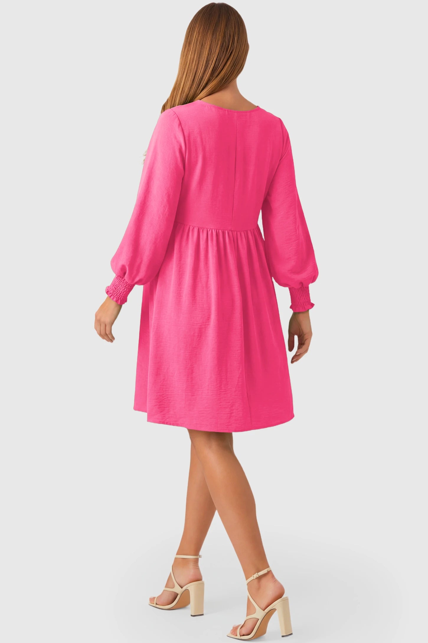 Balloon Sleeve Empire Waist Maternity Midi Dress Balloon Sleeve Empire Waist Maternity Midi Dress in rose red featuring smocked elastic cuff sleeves and soft drape on a pregnant model.
