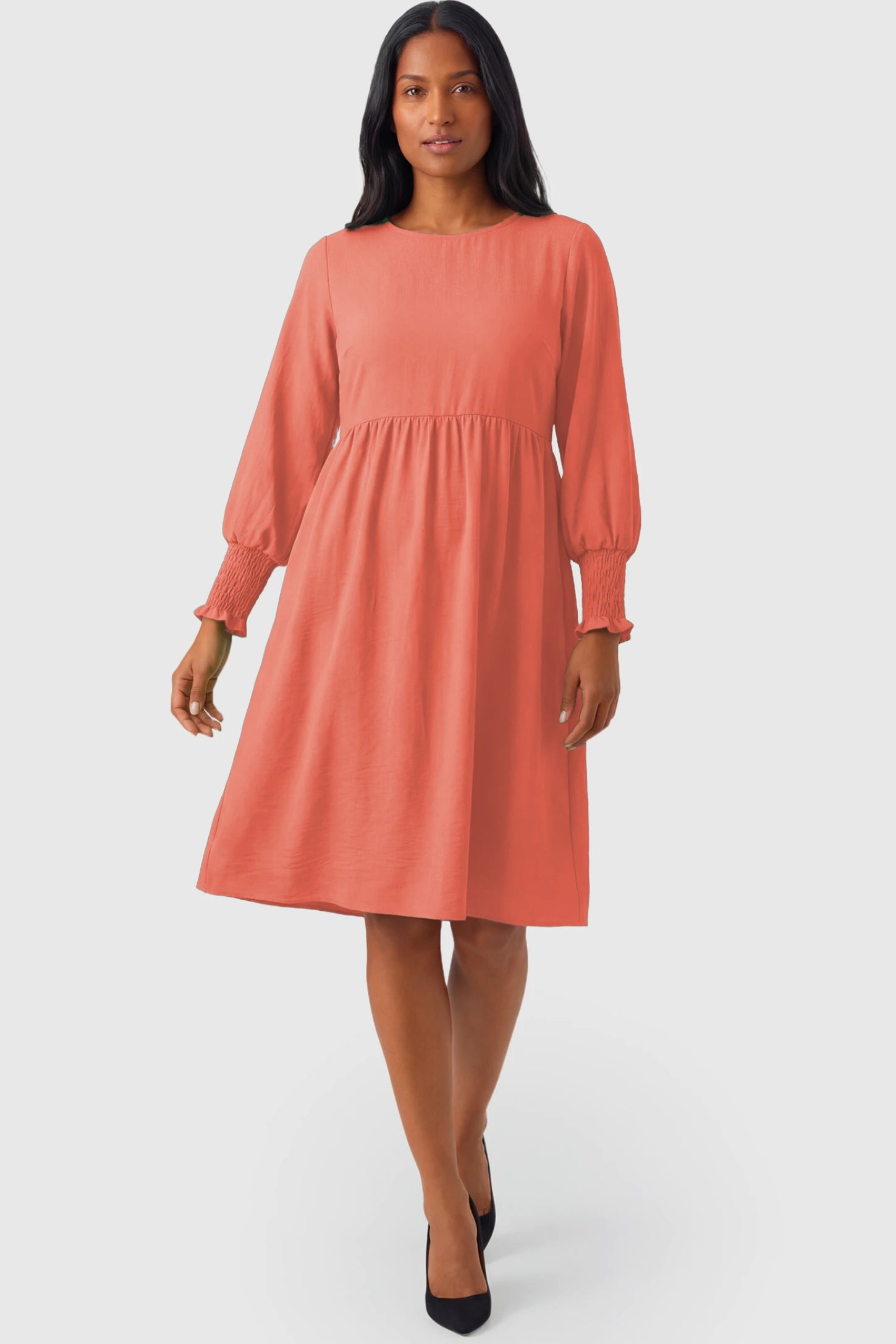 Balloon Sleeve Empire Waist Maternity Midi Dress Balloon Sleeve Empire Waist Maternity Midi Dress in watermelon red featuring smocked elastic cuff sleeves and soft drape on a non pregnant model.