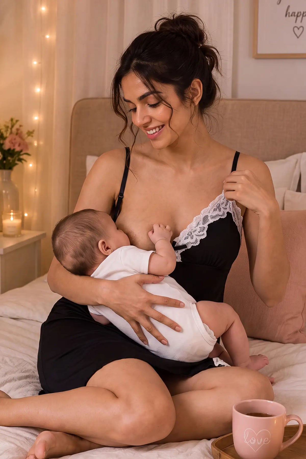 French Lace Deep V Maternity Slip Nightdress French Velvet Lace Maternity Slip Nightdress in Black featuring comfortable adjustable straps, soft stretch fabric, and cozy maternity loungewear style during a nursing moment with a baby.