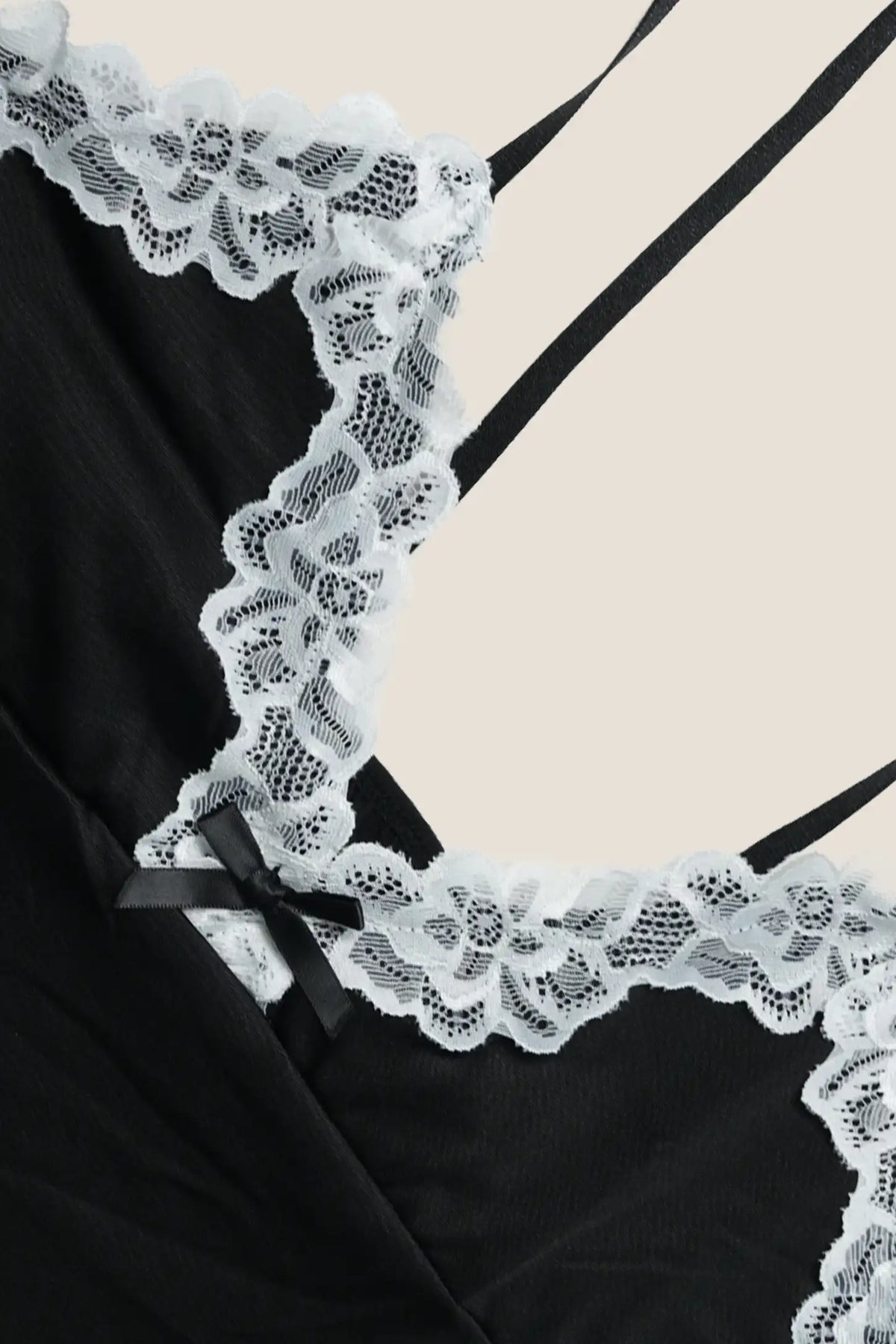 French Lace Deep V Maternity Slip Nightdress French Velvet Lace Maternity Slip Nightdress in Black featuring a close-up detail view of the intricate white lace trim and sheer mesh overlay texture.
