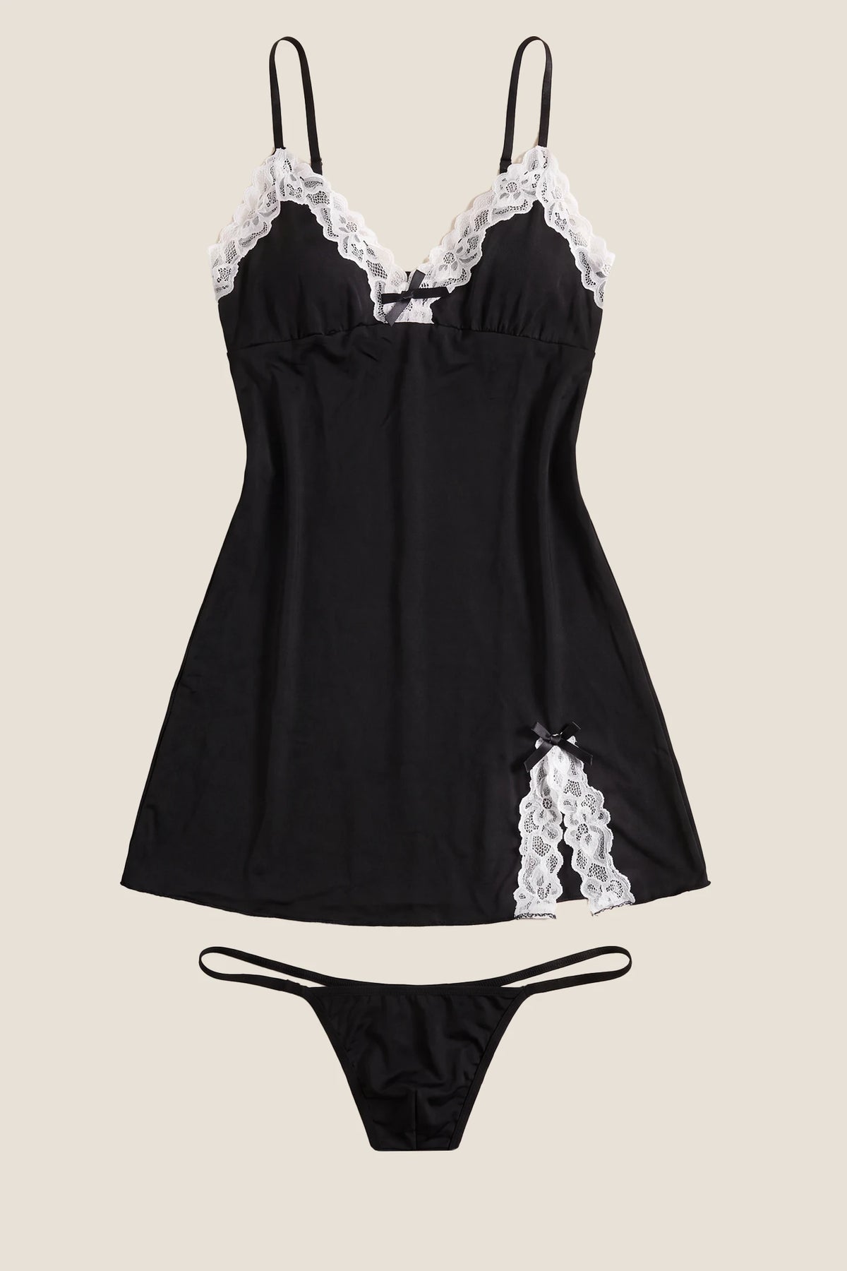 French Lace Deep V Maternity Slip Nightdress French Velvet Lace Maternity Slip Nightdress in Black featuring matching lace-trimmed underwear, adjustable shoulder straps, and sheer mesh overlay displayed in a flat lay view.