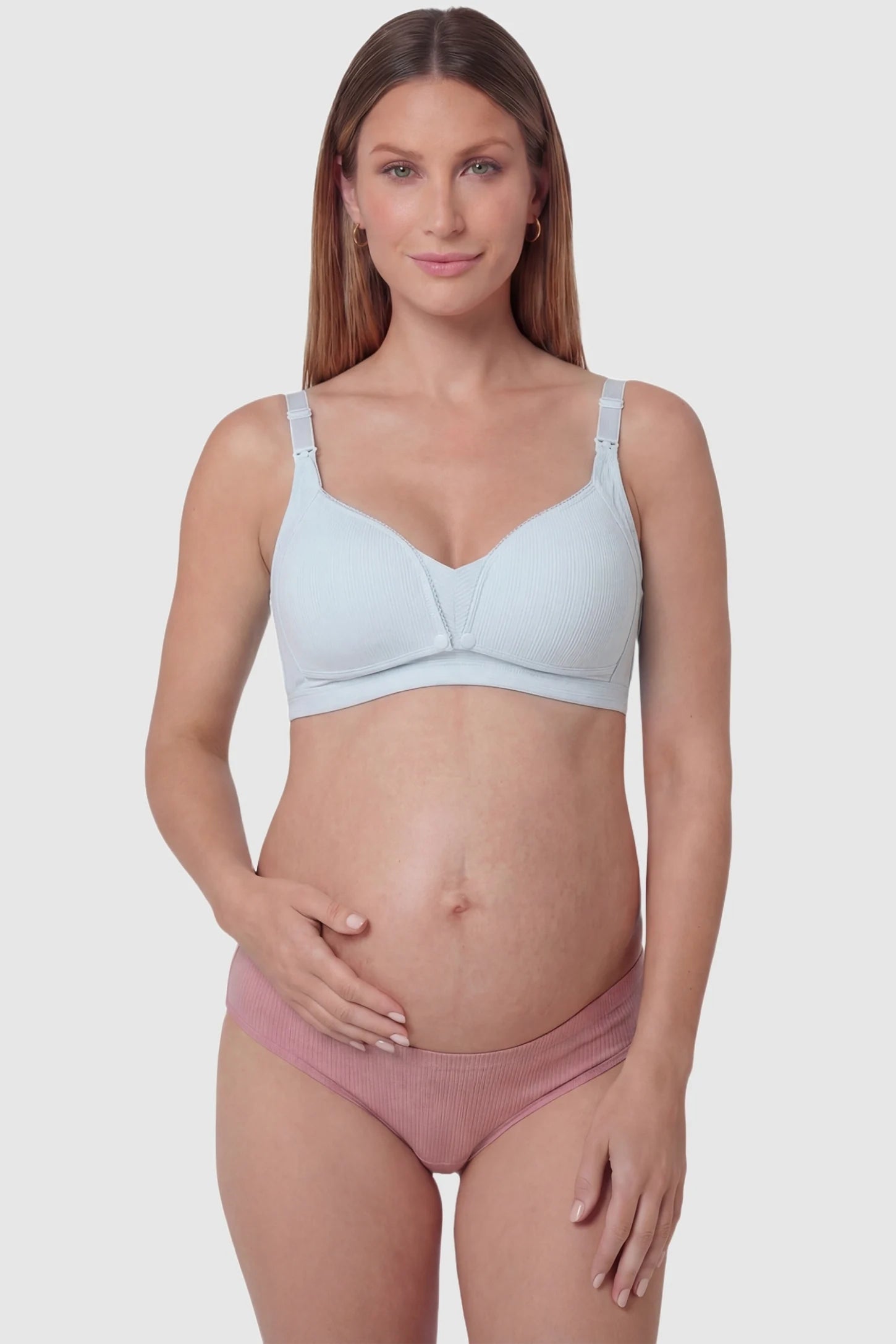Front-Open Snap Wire-Free Maternity Nursing Bra Front-Open Buckle Wire-Free Maternity Nursing Bra in Blue featuring one-second release snaps on a front view of a pregnant model.