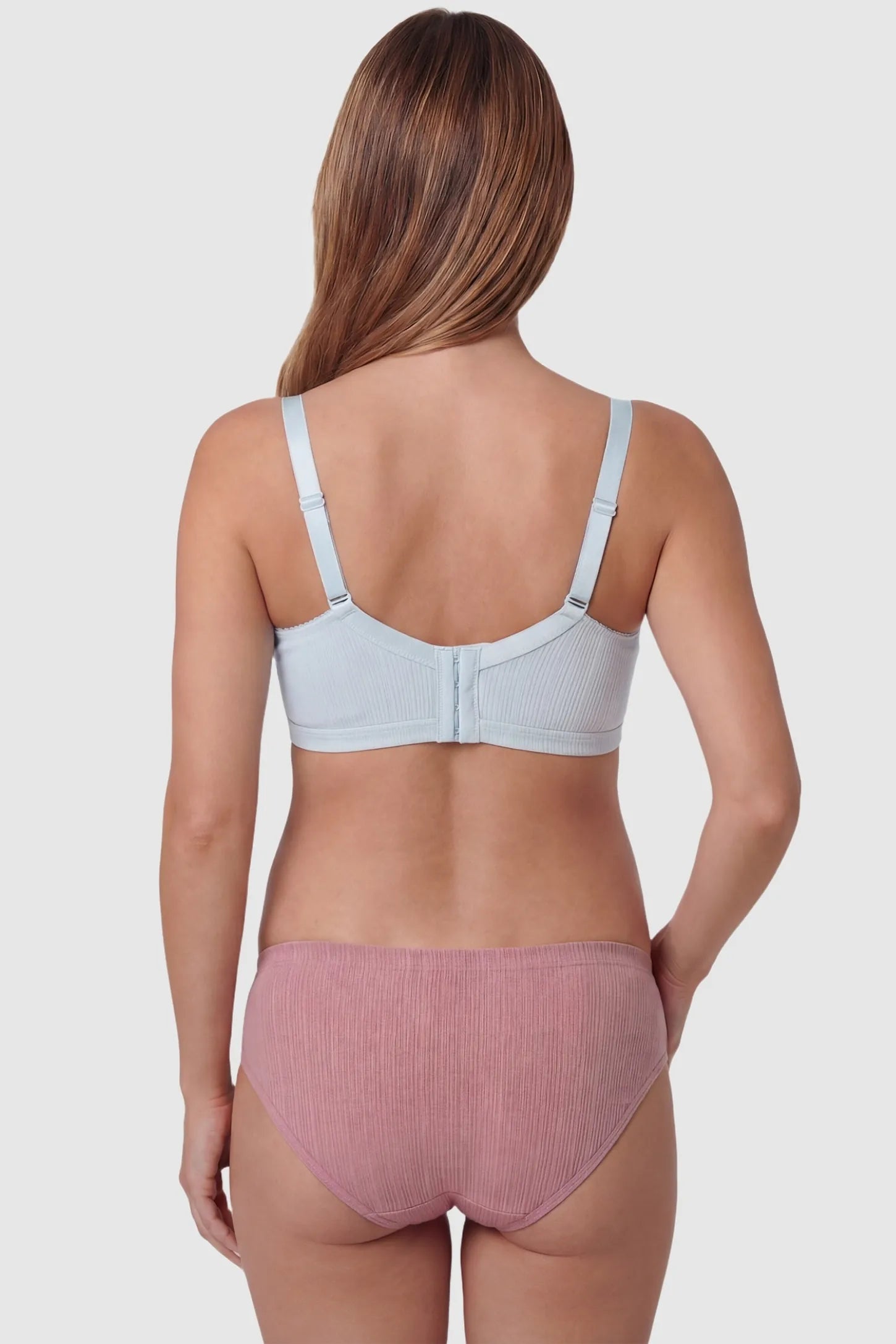 Front-Open Snap Wire-Free Maternity Nursing Bra Front-Open Buckle Wire-Free Maternity Nursing Bra in Blue featuring rear four-row buckles on a back view of a pregnant model.