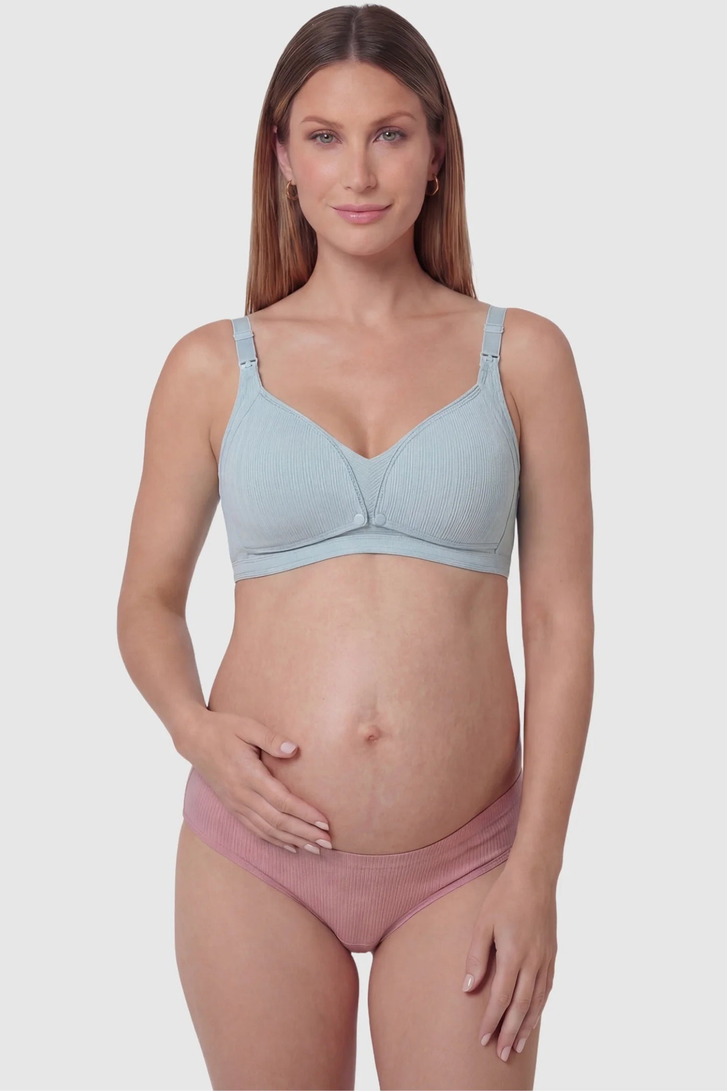 Front-Open Snap Wire-Free Maternity Nursing Bra Front-Open Buckle Wire-Free Maternity Nursing Bra in Green featuring one-second release snaps on a front view of a pregnant model.