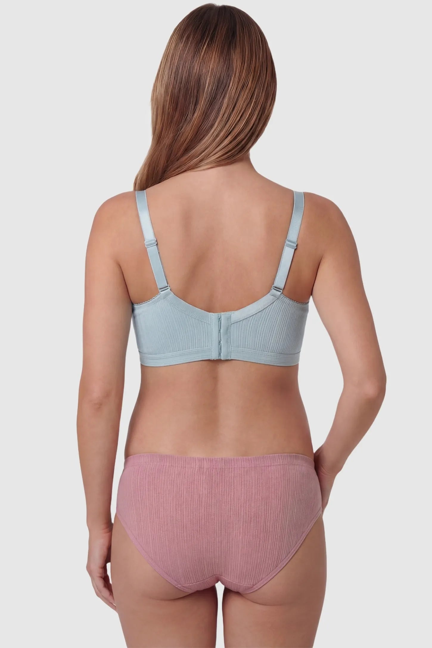 Front-Open Snap Wire-Free Maternity Nursing Bra Front-Open Buckle Wire-Free Maternity Nursing Bra in Green featuring rear four-row buckles on a back view of a pregnant model.