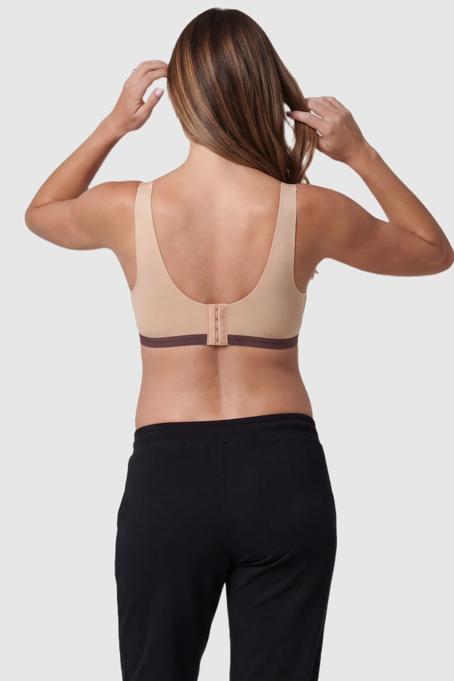 Back view of Front-Open Nursing Scalloped Edge Maternity Bra in Skin showing the smooth U-back design on a pregnant model.