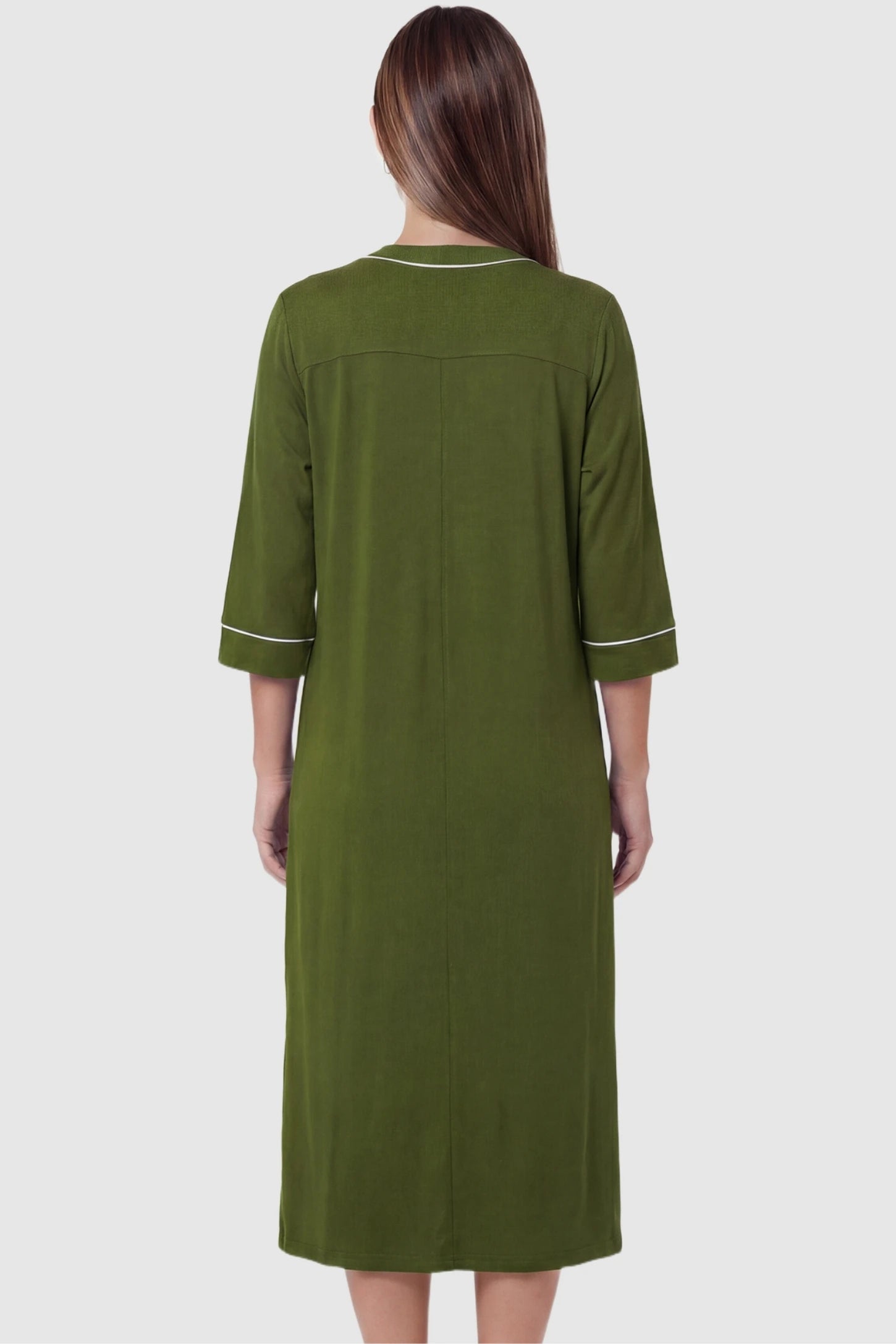 Front Zipper Three-Quarter Sleeve Midi Maternity & Nursing Dress Front zipper three-quarter sleeve midi maternity and nursing dress in army green featuring comfortable loose fit in back view on a pregnant model