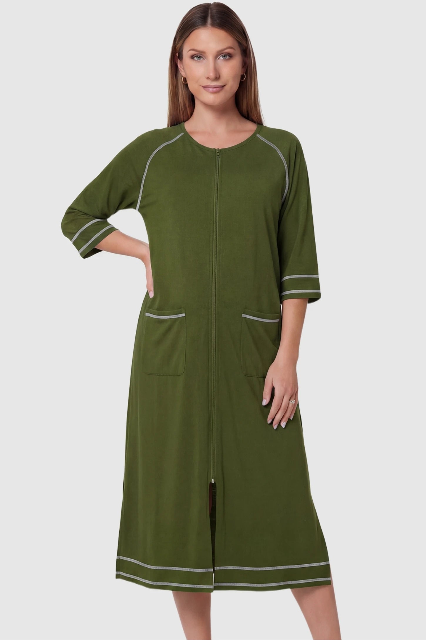 Front Zipper Three-Quarter Sleeve Midi Maternity & Nursing Dress Front zipper three-quarter sleeve midi maternity and nursing dress in army green featuring convenient nursing zipper access in front view on a pregnant model