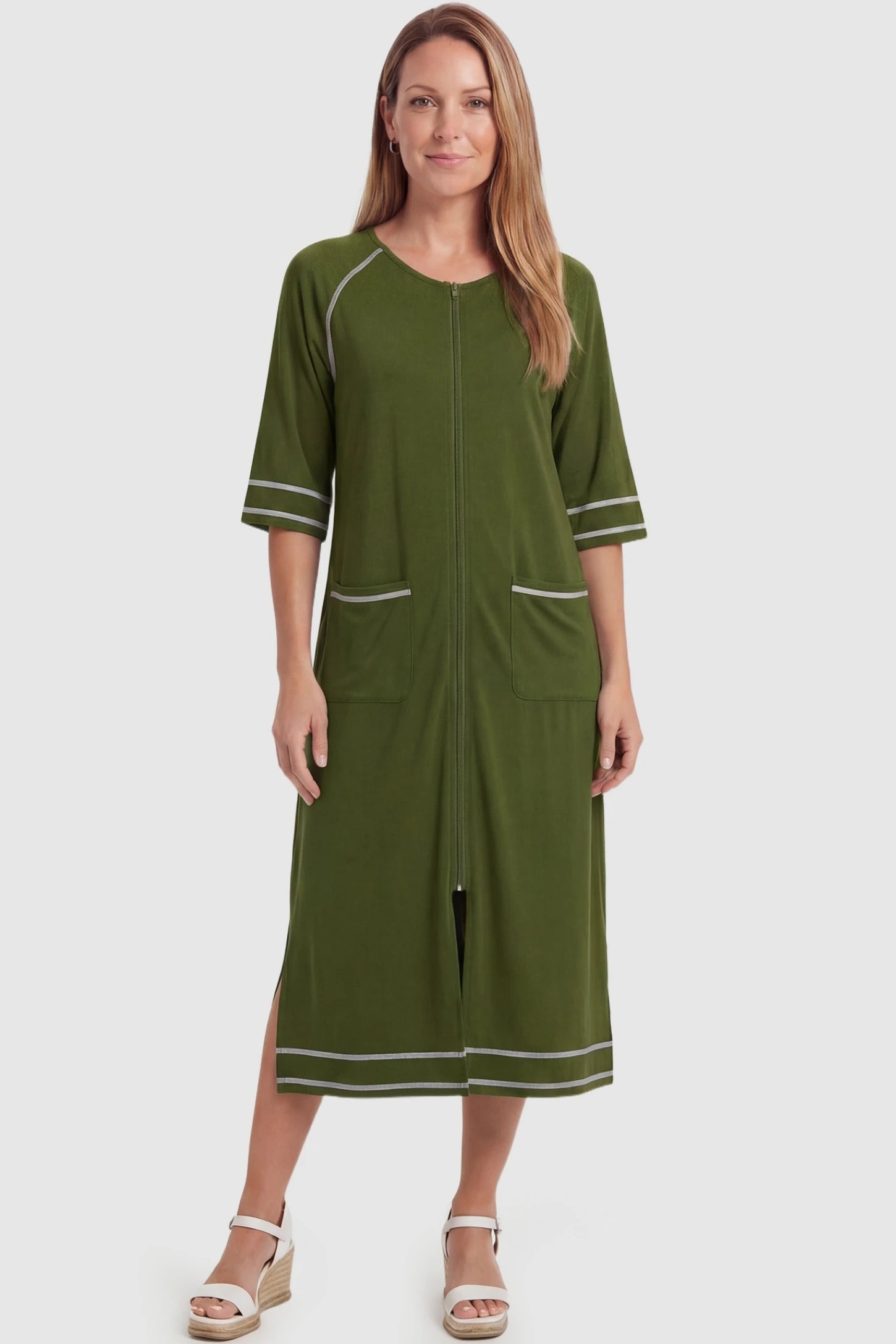Front Zipper Three-Quarter Sleeve Midi Maternity & Nursing Dress Front zipper three-quarter sleeve midi maternity and nursing dress in army green featuring front zipper and pockets in full body view on a postpartum model