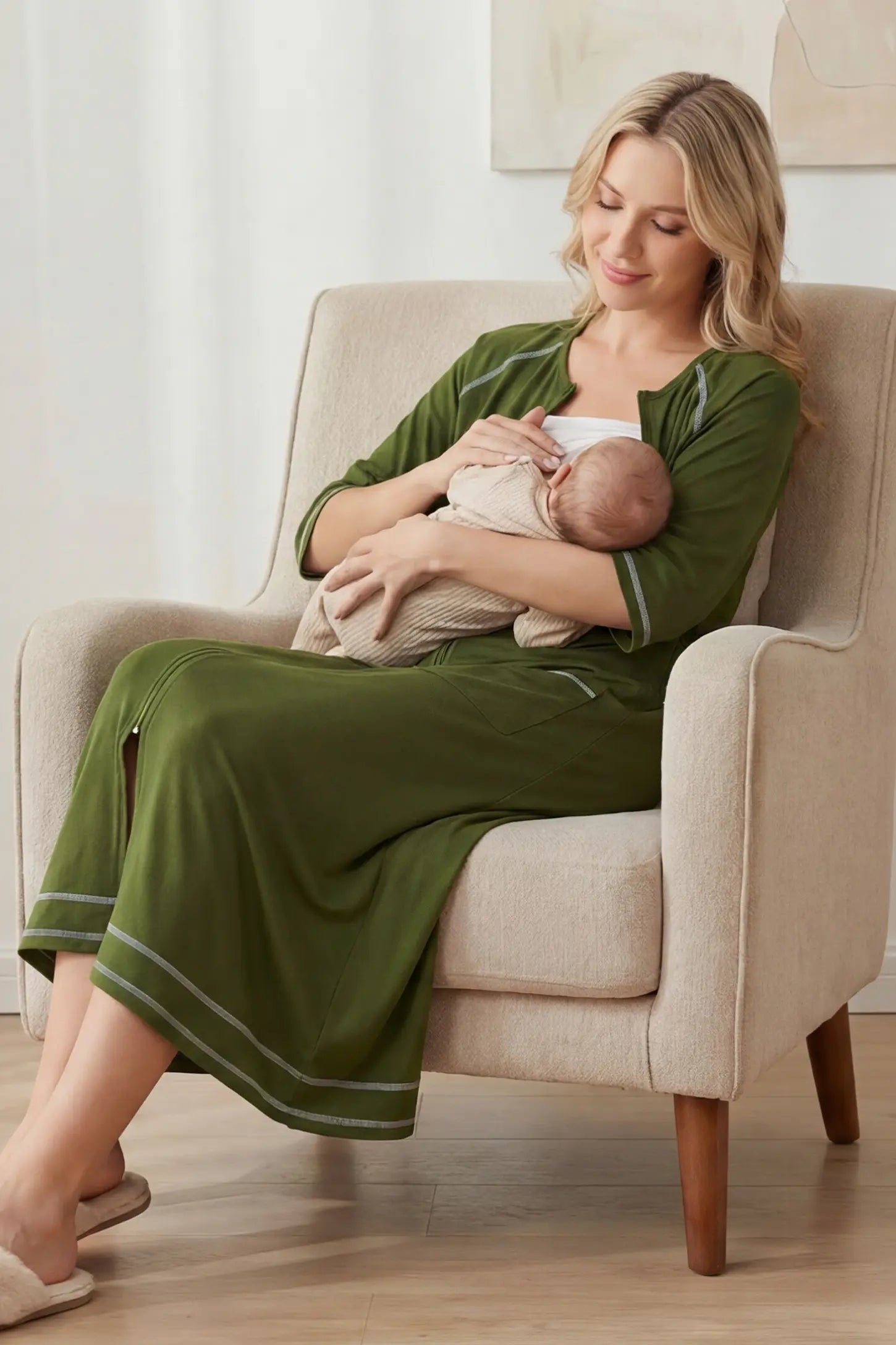 Front Zipper Three-Quarter Sleeve Midi Maternity & Nursing Dress Front zipper three-quarter sleeve midi maternity and nursing dress in army green featuring easy nursing access in front view on a UGC model