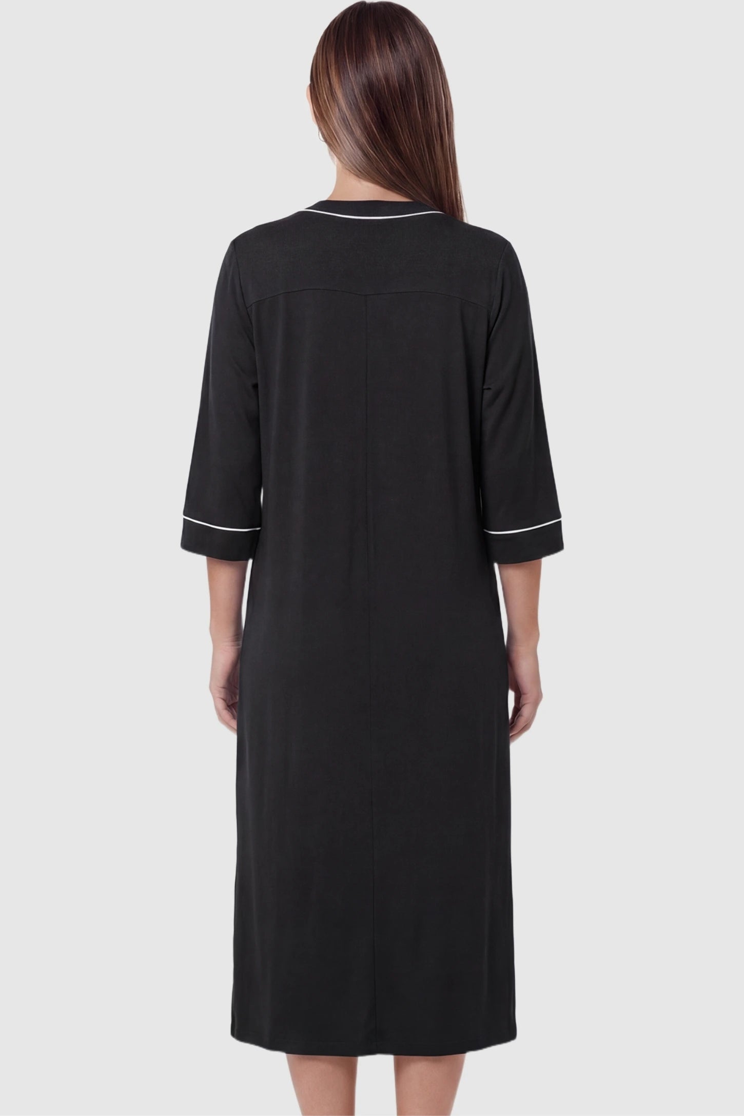 Front Zipper Three-Quarter Sleeve Midi Maternity & Nursing Dress Front zipper three-quarter sleeve midi maternity and nursing dress in black featuring comfortable loose fit in back view on a pregnant model