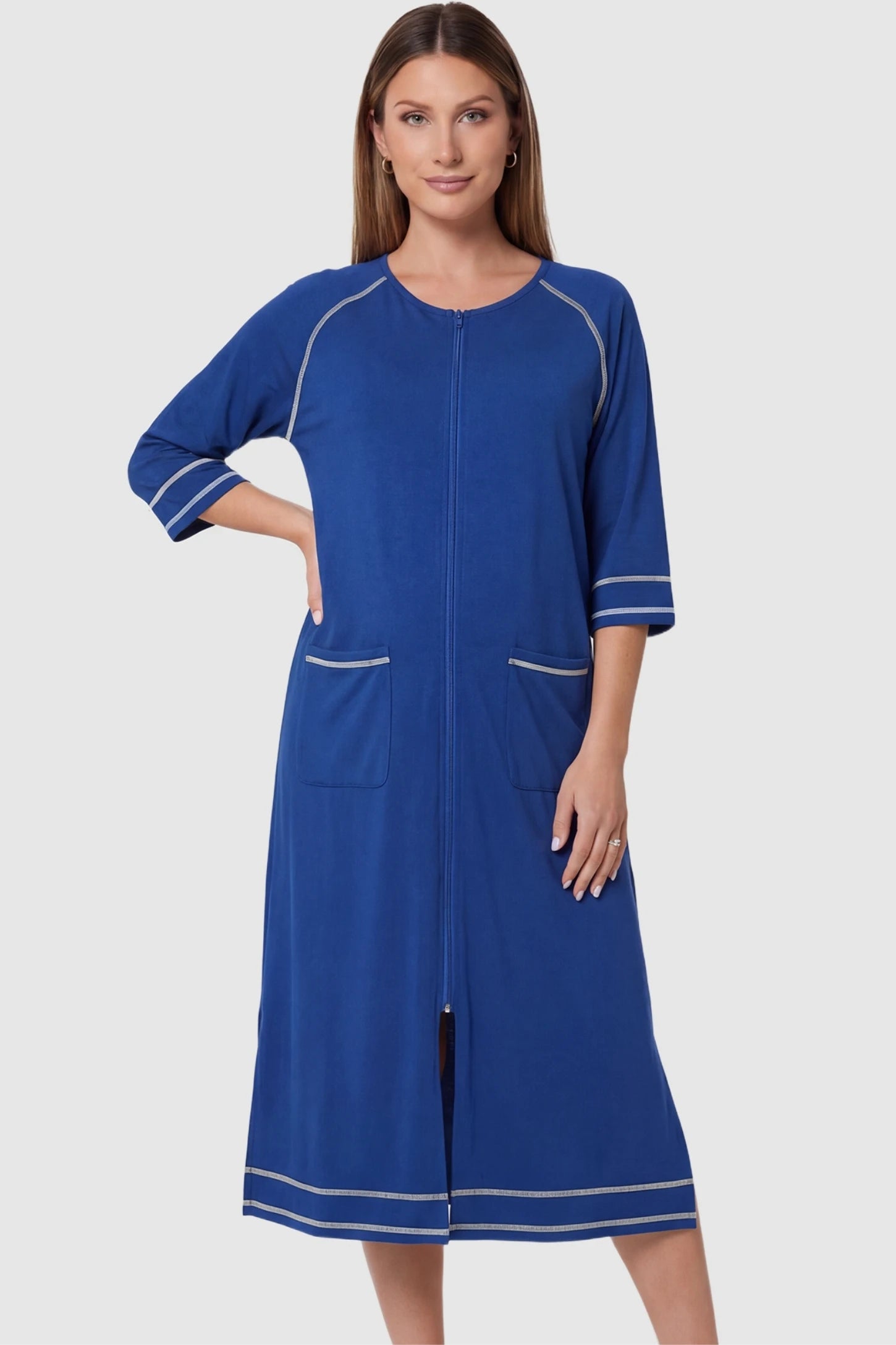 Front Zipper Three-Quarter Sleeve Midi Maternity & Nursing Dress Front zipper three-quarter sleeve midi maternity and nursing dress in blue featuring convenient nursing zipper access in front view on a pregnant model
