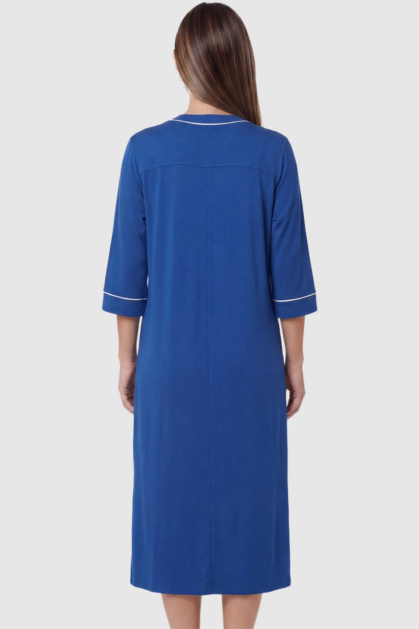 Front Zipper Three-Quarter Sleeve Midi Maternity & Nursing Dress Front zipper three-quarter sleeve midi maternity and nursing dress in blue featuring comfortable loose fit in back view on a pregnant model