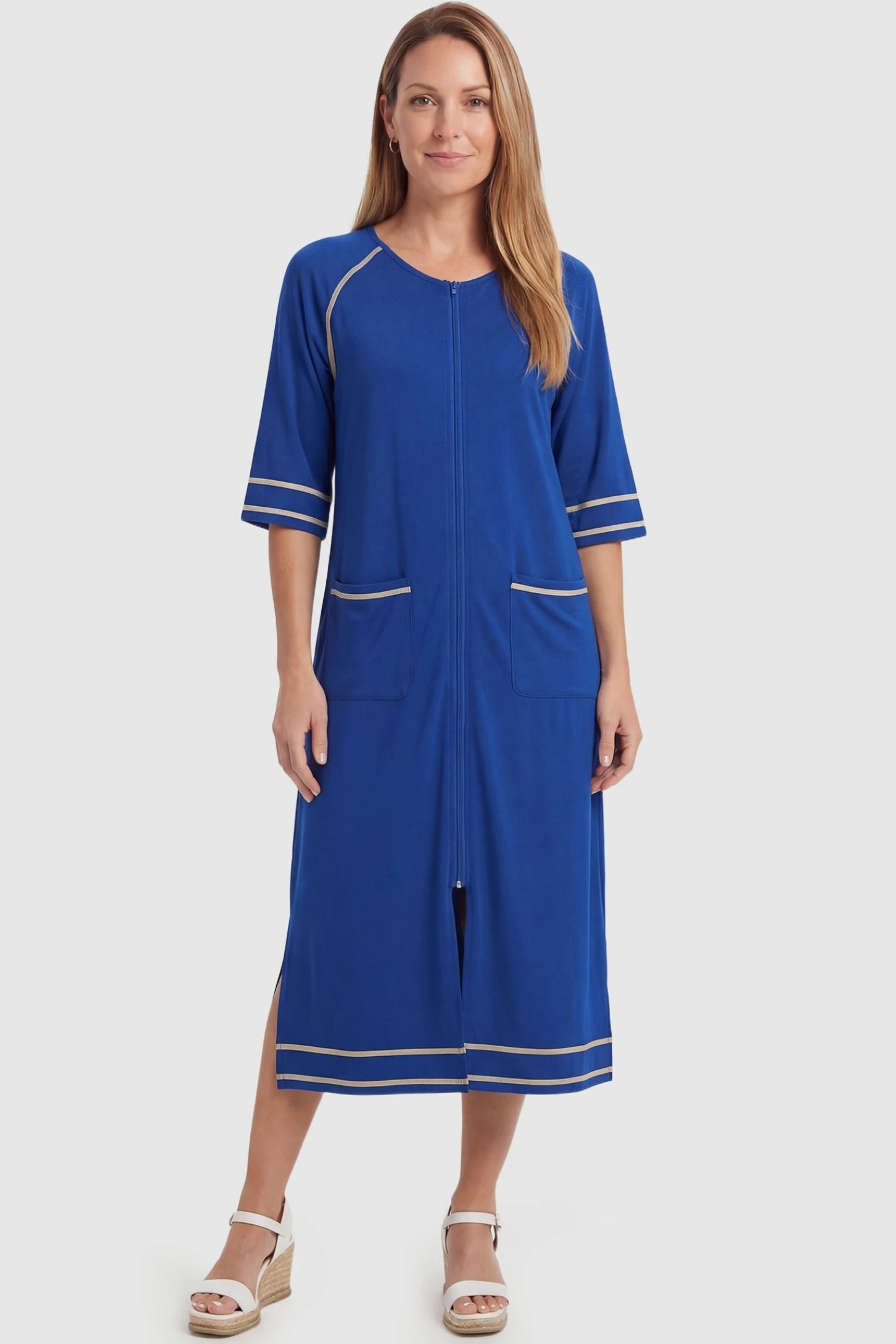 Front Zipper Three-Quarter Sleeve Midi Maternity & Nursing Dress Front zipper three-quarter sleeve midi maternity and nursing dress in blue featuring front zipper and pockets in full body view on a postpartum model