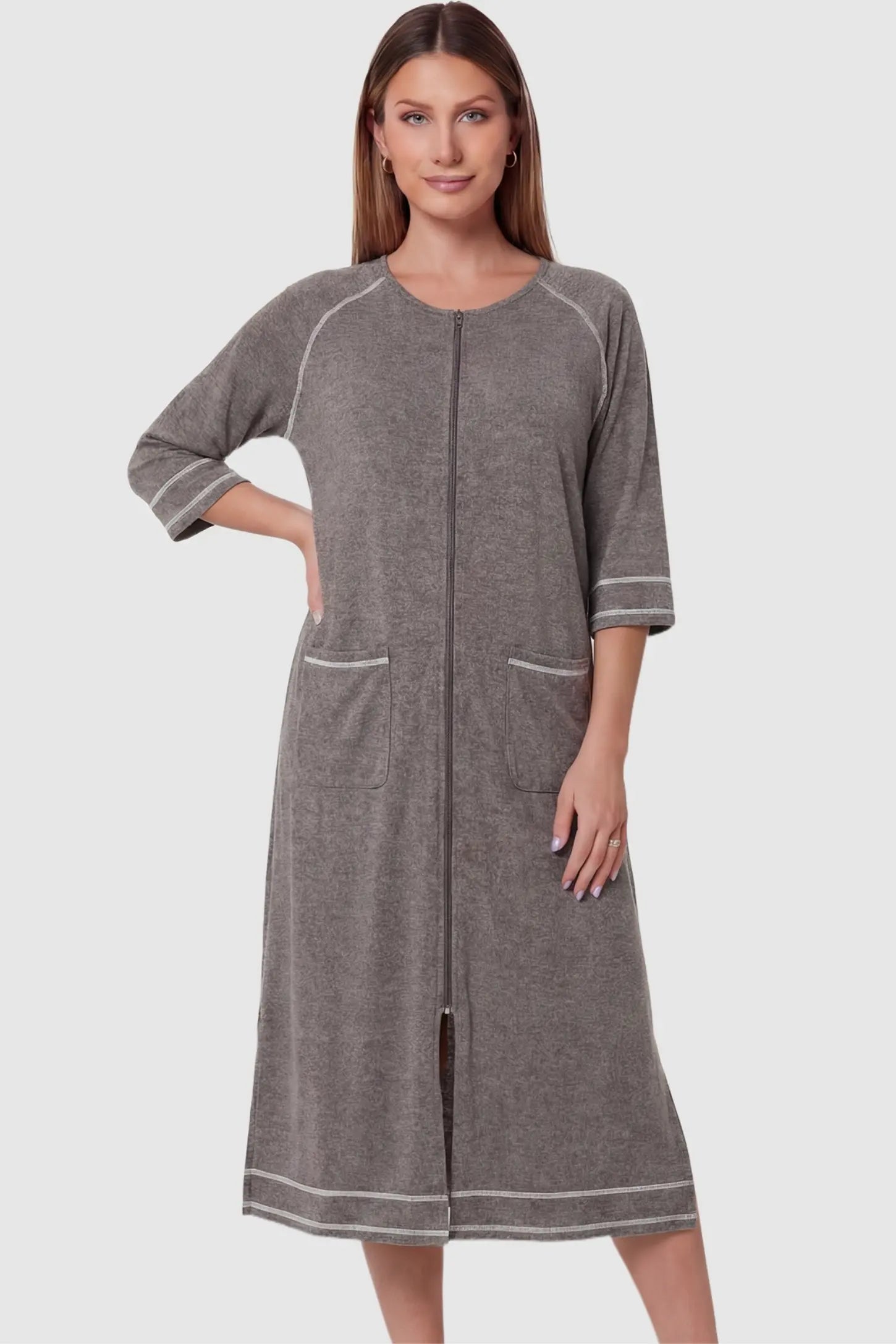 Front Zipper Three-Quarter Sleeve Midi Maternity & Nursing Dress Front zipper three-quarter sleeve midi maternity and nursing dress in dark gray featuring convenient nursing zipper access in front view on a pregnant model