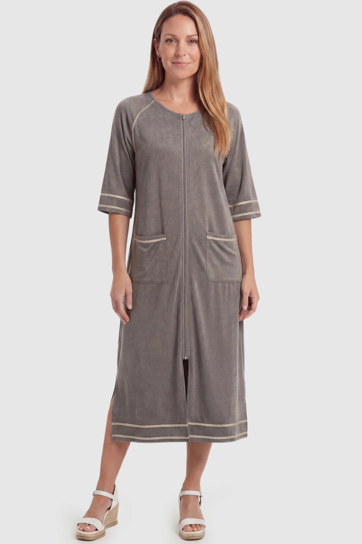 Front Zipper Three-Quarter Sleeve Midi Maternity & Nursing Dress Front zipper three-quarter sleeve midi maternity and nursing dress in dark gray featuring front zipper and pockets in full body view on a postpartum model