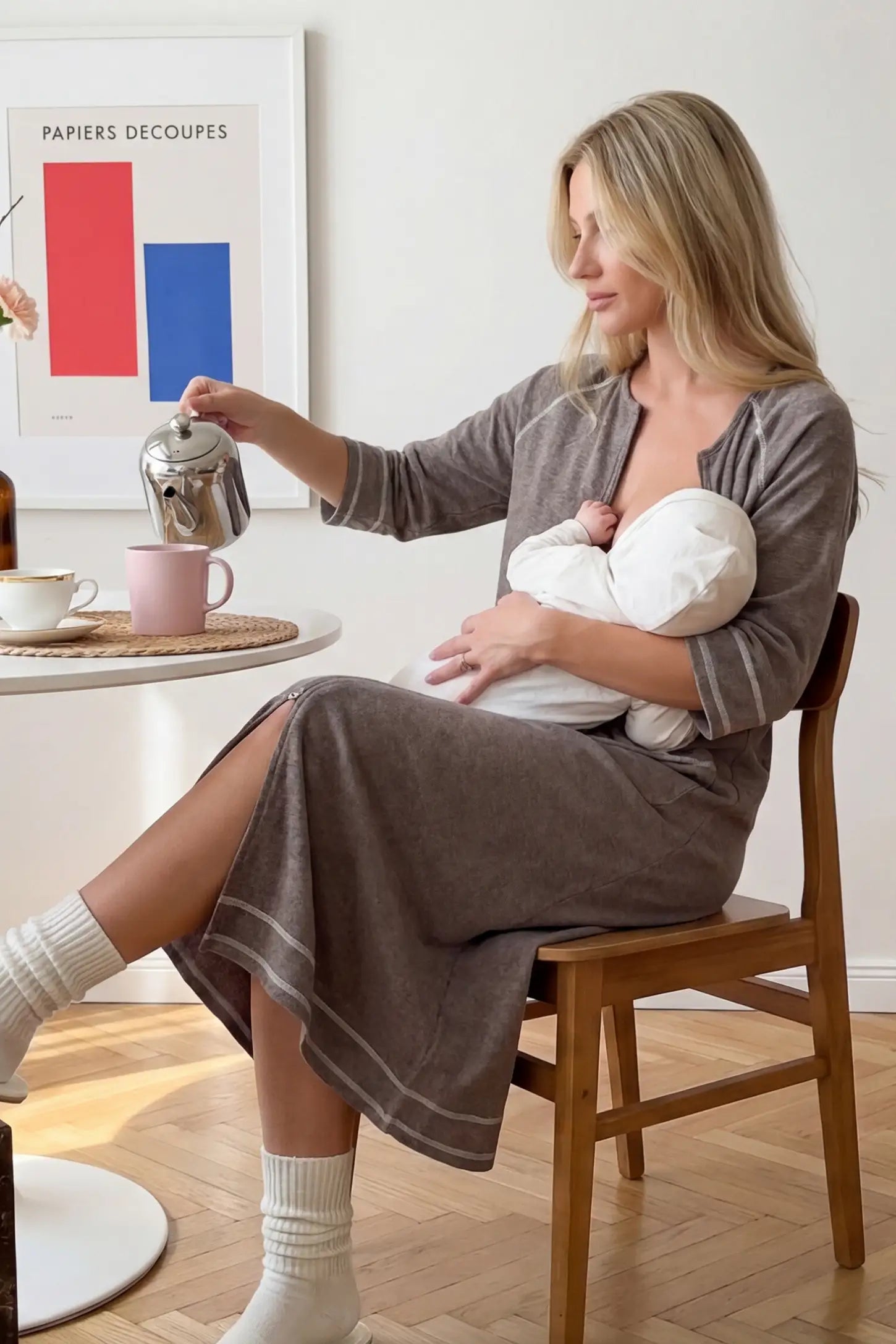 Front Zipper Three-Quarter Sleeve Midi Maternity & Nursing Dress Front zipper three-quarter sleeve midi maternity and nursing dress in dark gray featuring easy nursing access in front view on a UGC model