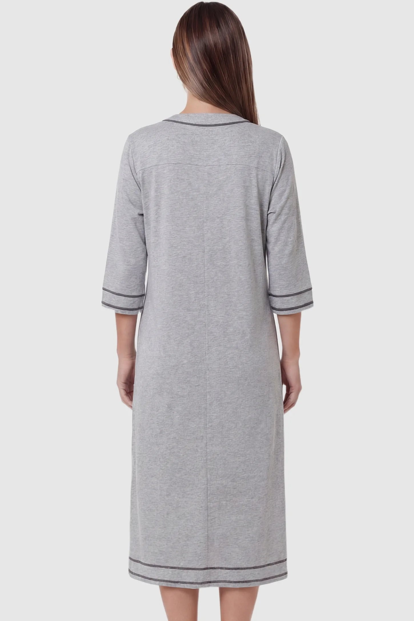 Front Zipper Three-Quarter Sleeve Midi Maternity & Nursing Dress Front zipper three-quarter sleeve midi maternity and nursing dress in light gray featuring comfortable loose fit in back view on a pregnant model