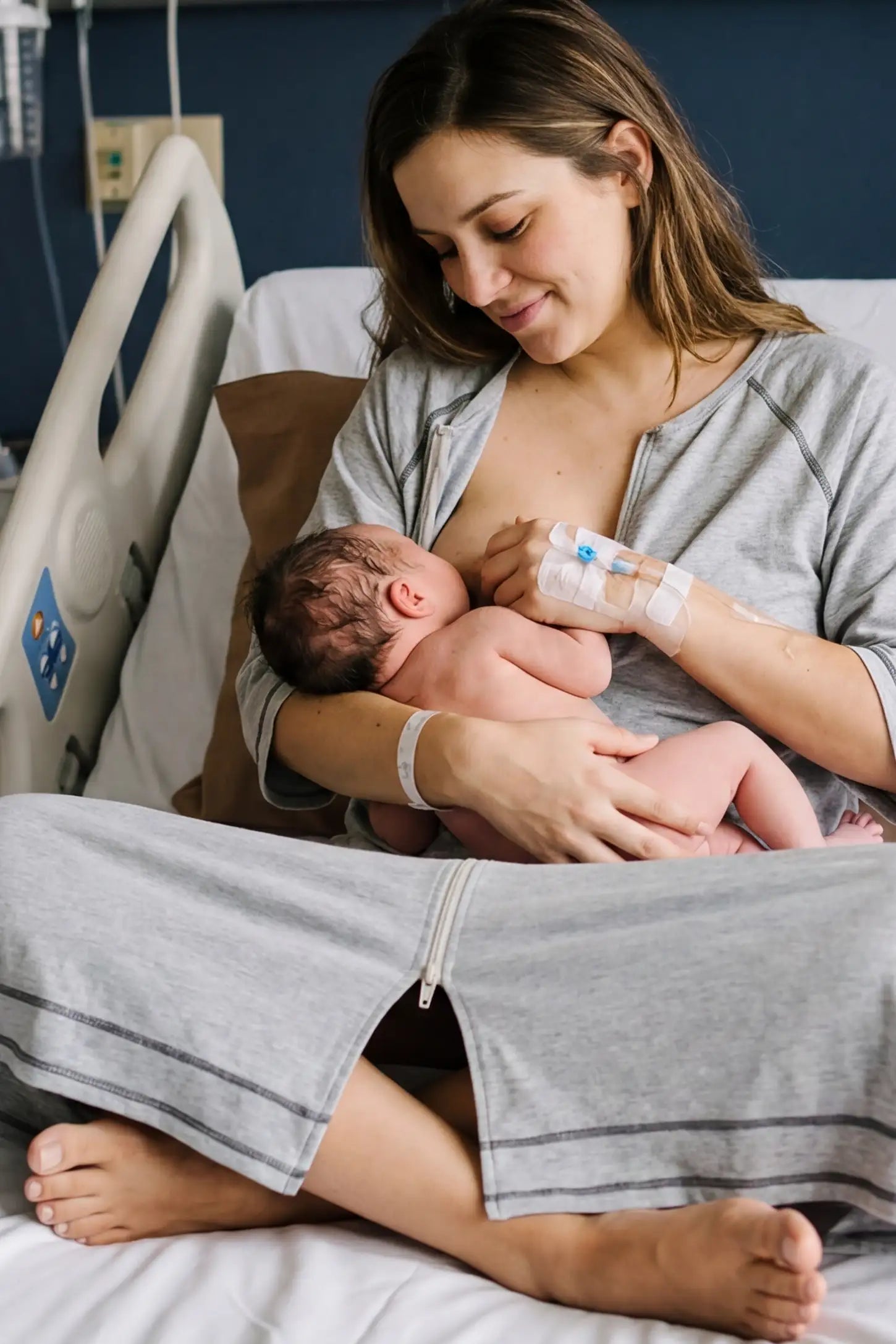 Front Zipper Three-Quarter Sleeve Midi Maternity & Nursing Dress Front zipper three-quarter sleeve midi maternity and nursing dress in light gray featuring easy nursing access in front view on a UGC model