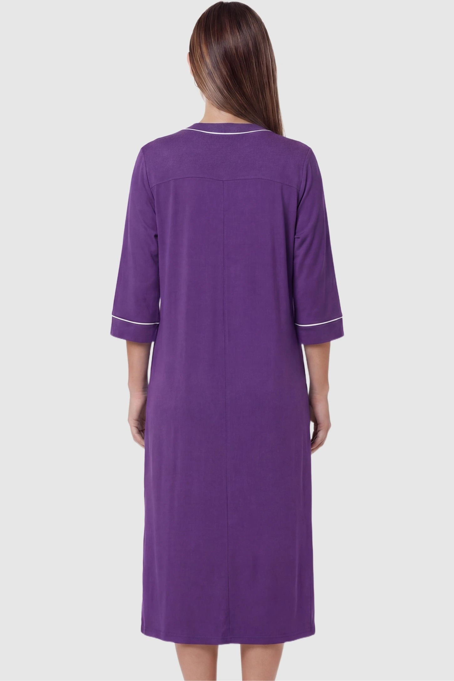 Front Zipper Three-Quarter Sleeve Midi Maternity & Nursing Dress Front zipper three-quarter sleeve midi maternity and nursing dress in purple featuring comfortable loose fit in back view on a pregnant model