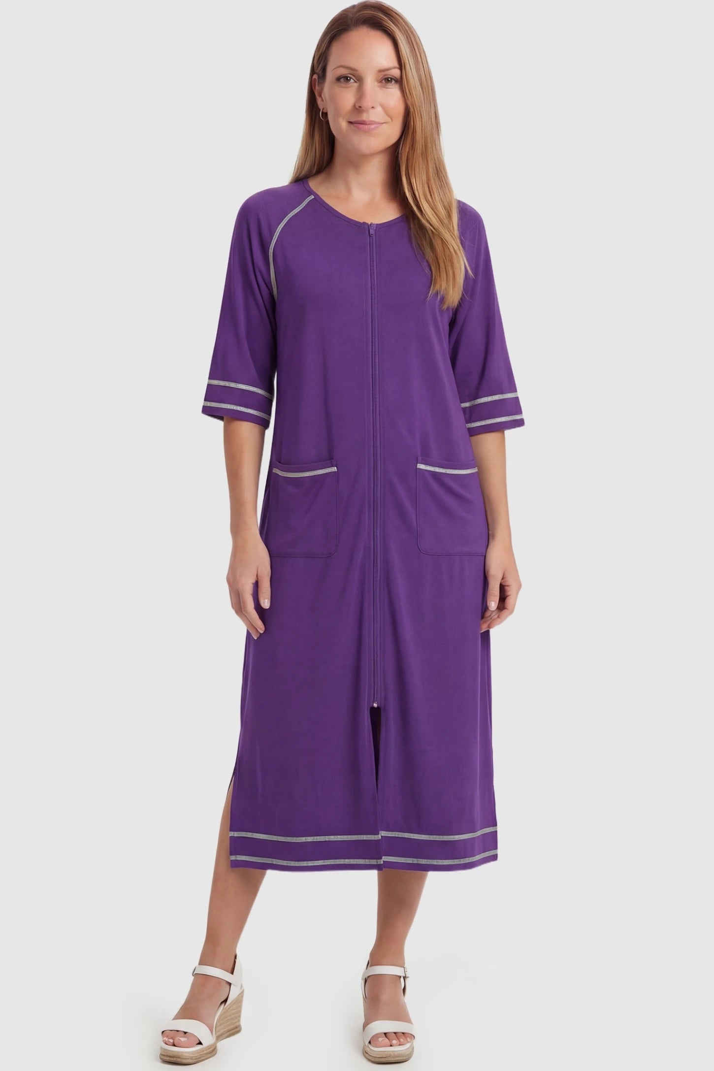 Front Zipper Three-Quarter Sleeve Midi Maternity & Nursing Dress Front zipper three-quarter sleeve midi maternity and nursing dress in purple featuring front zipper and pockets in full body view on a postpartum model