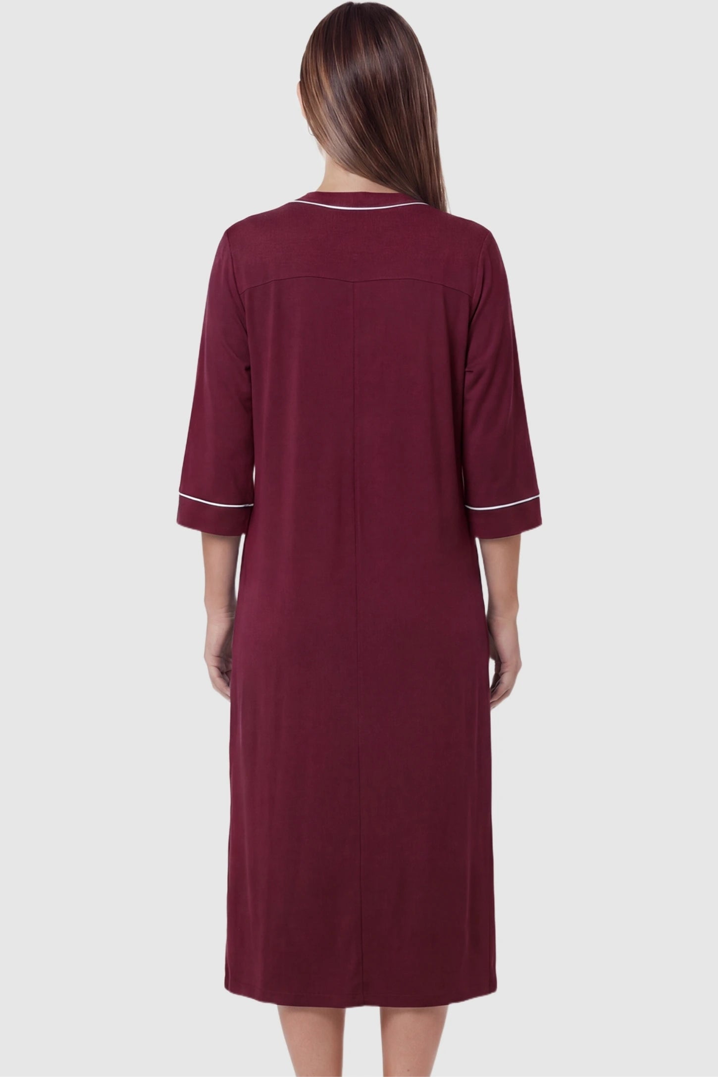 Front Zipper Three-Quarter Sleeve Midi Maternity & Nursing Dress Front zipper three-quarter sleeve midi maternity and nursing dress in wine red featuring comfortable loose fit in back view on a pregnant model