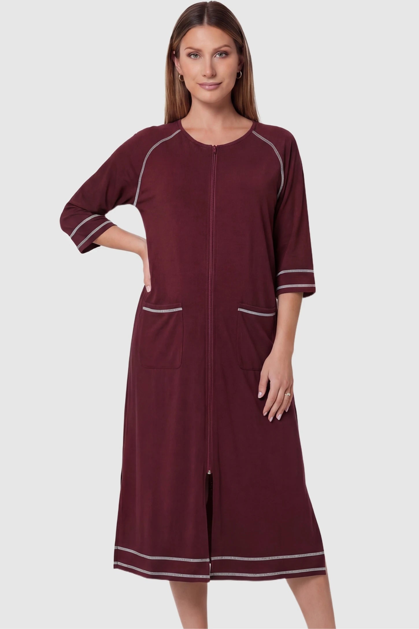 Front Zipper Three-Quarter Sleeve Midi Maternity & Nursing Dress Front zipper three-quarter sleeve midi maternity and nursing dress in wine red featuring convenient nursing zipper access in front view on a pregnant model