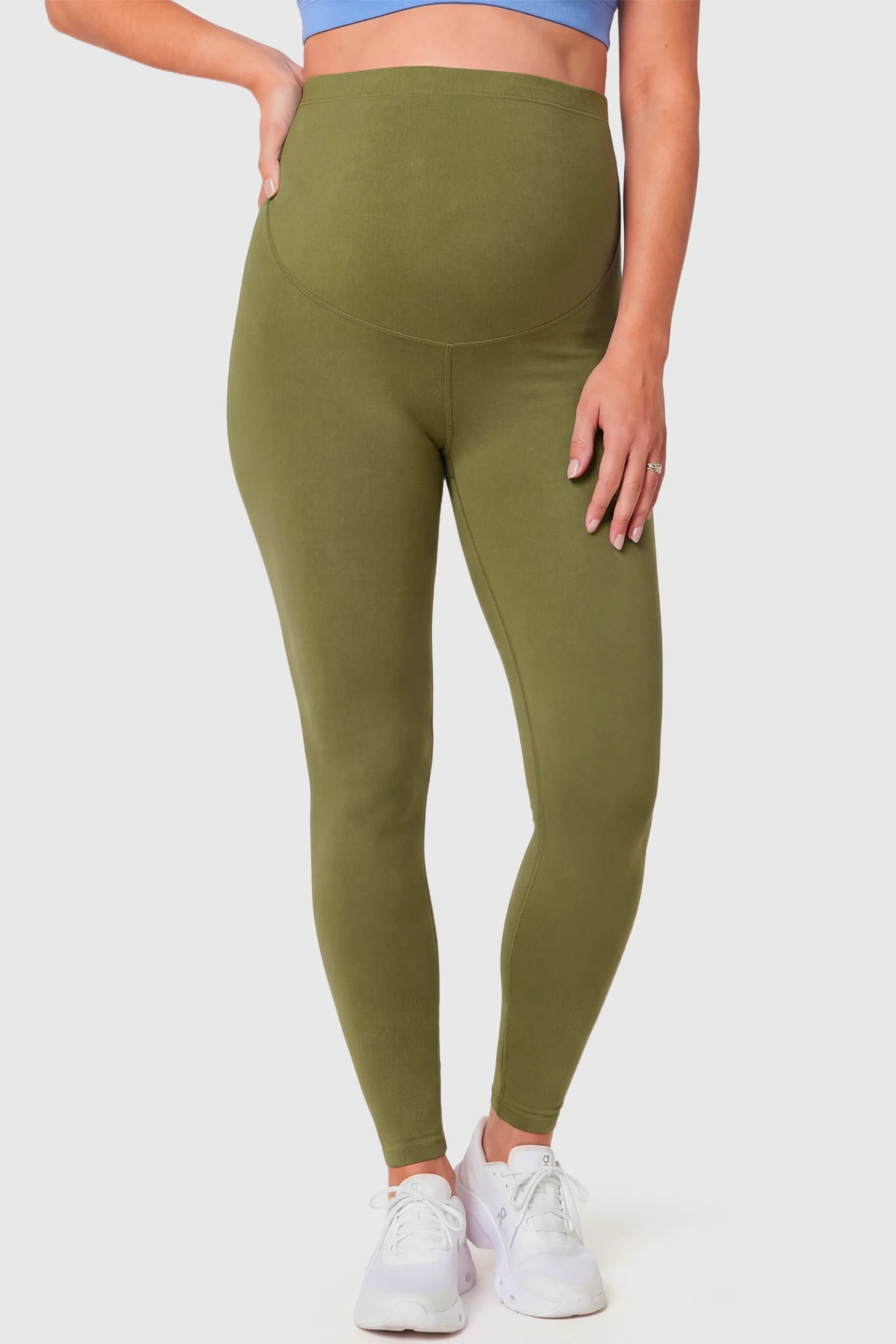 Full-Panel Ankle-Length Maternity Yoga Leggings in army green featuring over-the-belly support and full-length fit on pregnant model.